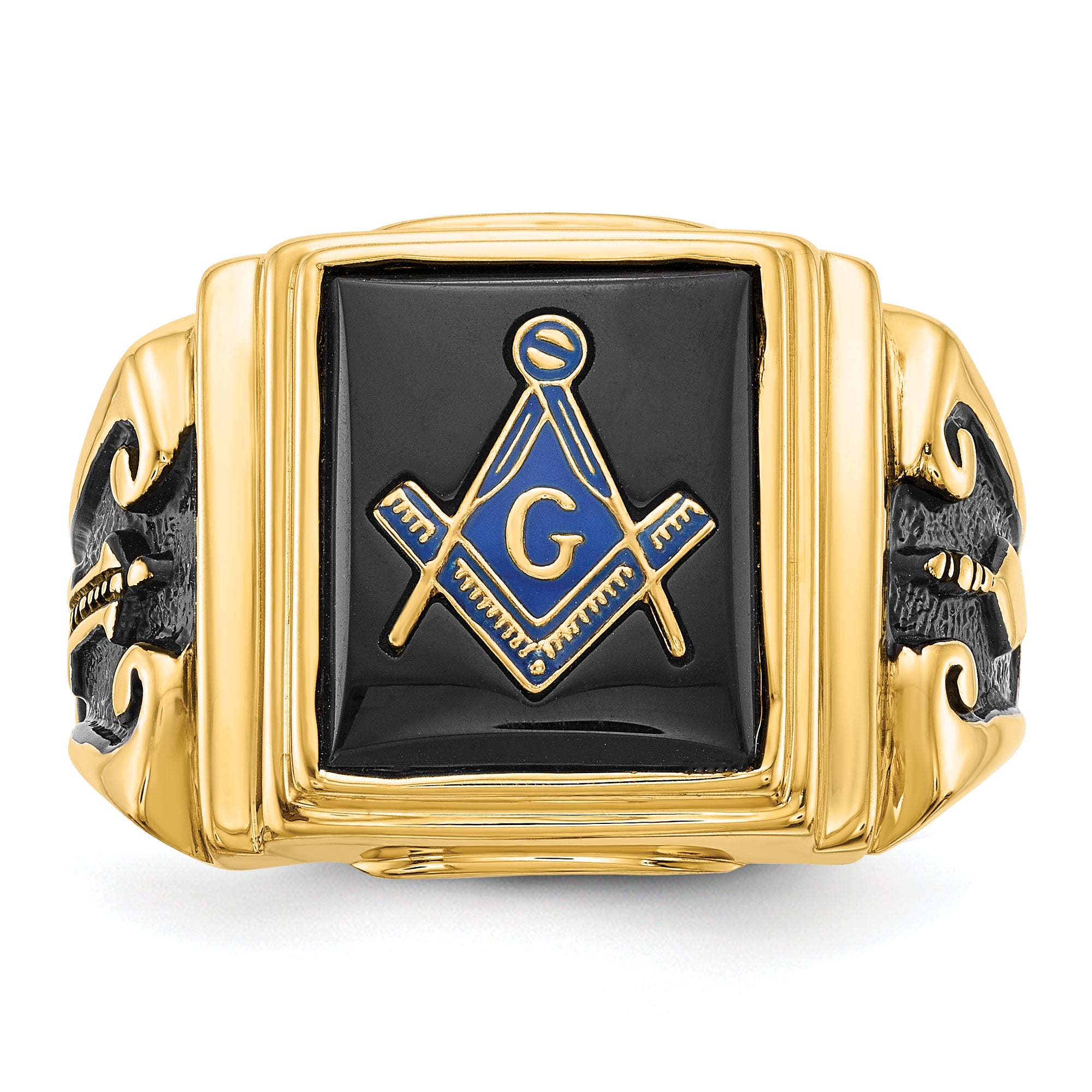 14k Men's Polished and Textured with Black Enamel and Onyx Masonic Ring