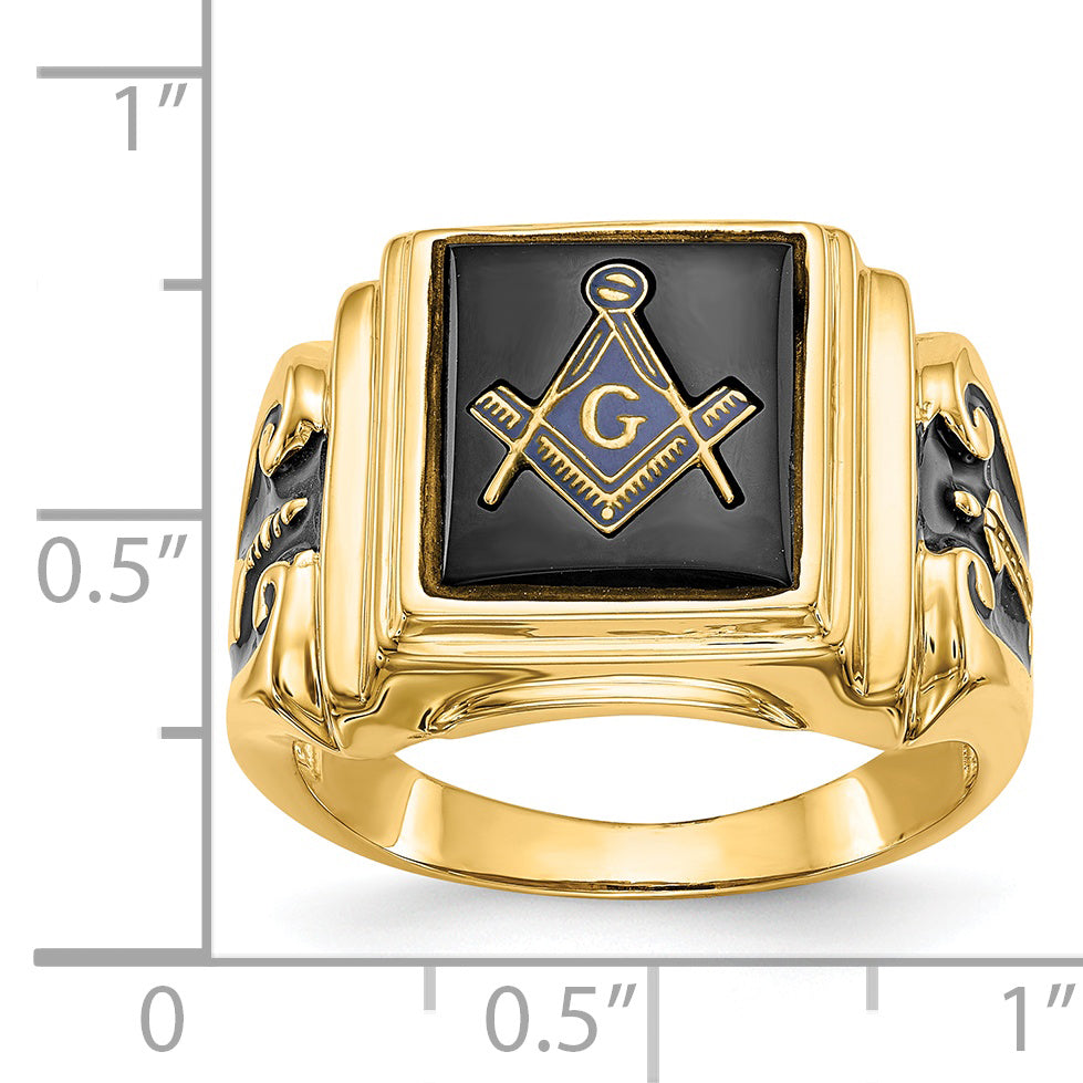 14k Men's Polished and Textured with Black Enamel and Onyx Masonic Ring