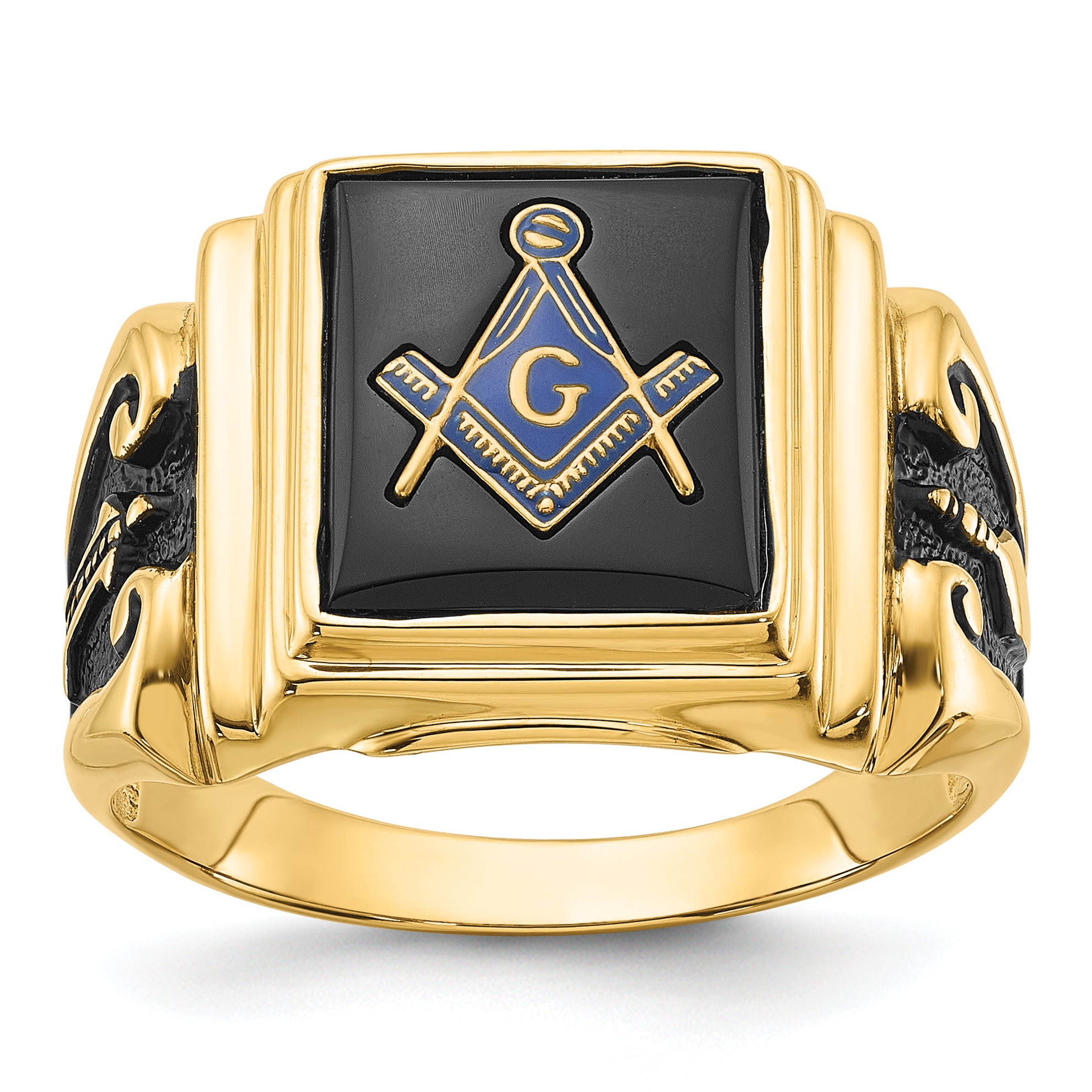 14k Men's Polished and Textured with Black Enamel and Onyx Masonic Ring Main image