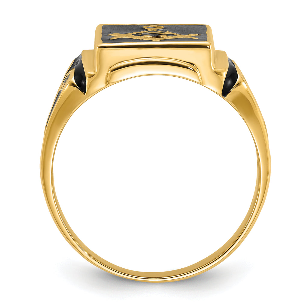 14k Mens Polished and Textured with Black Enamel Masonic Ring