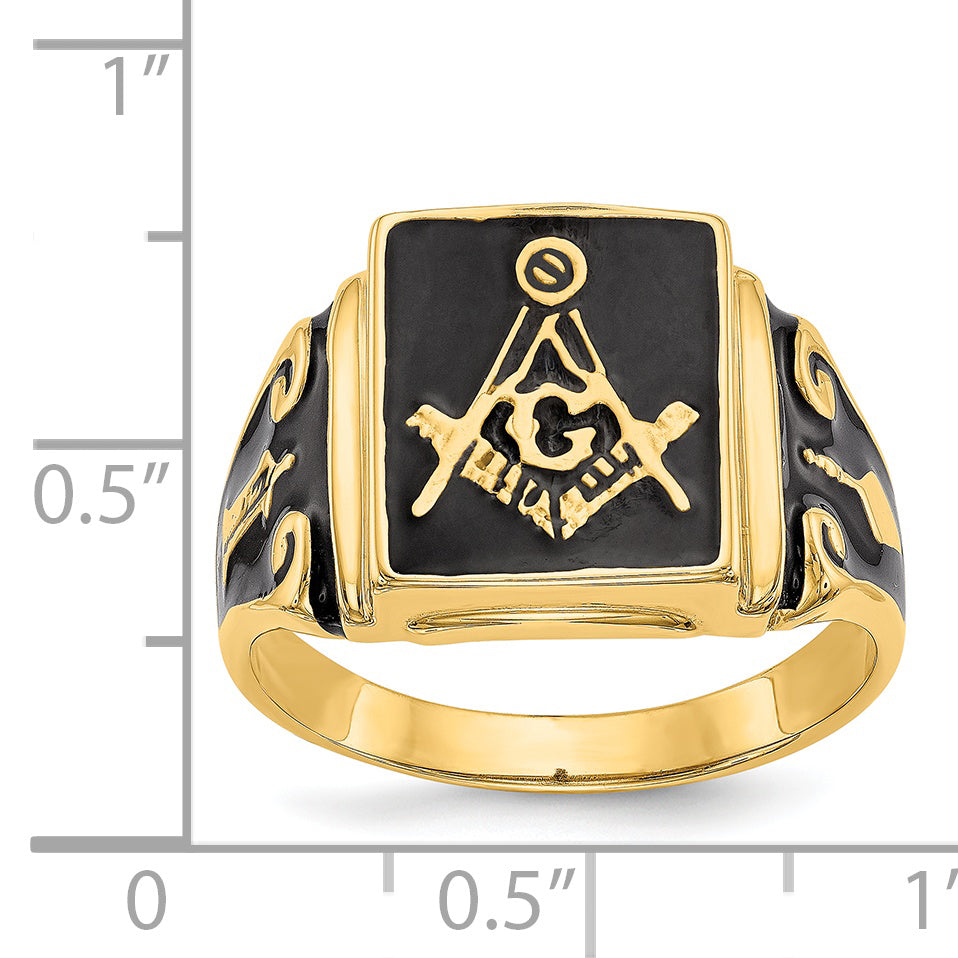 14k Mens Polished and Textured with Black Enamel Masonic Ring