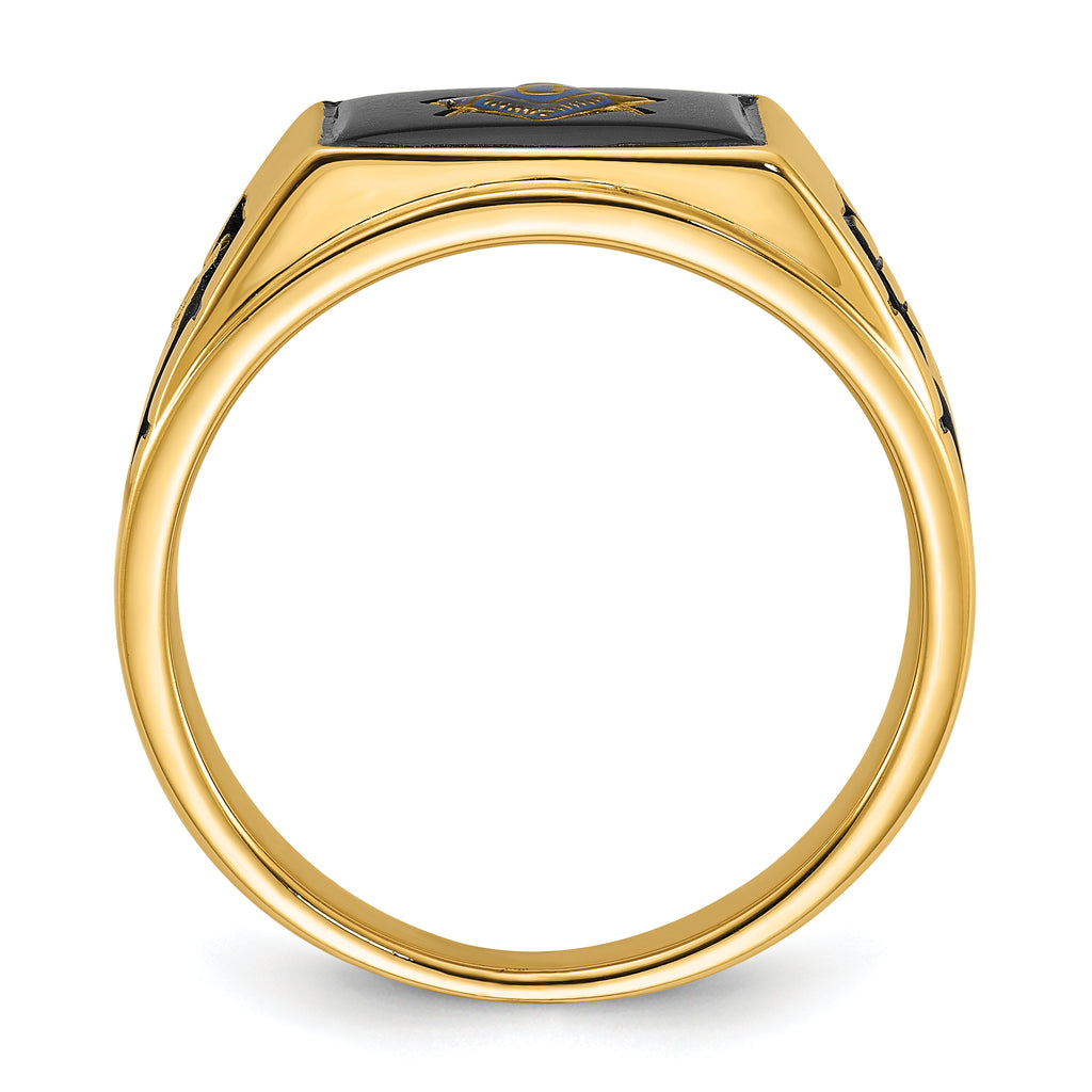 14k Men's Polished and Textured with Black Enamel and Onyx Masonic Ring