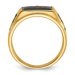 14k Men's Polished and Textured with Black Enamel and Onyx Masonic Ring