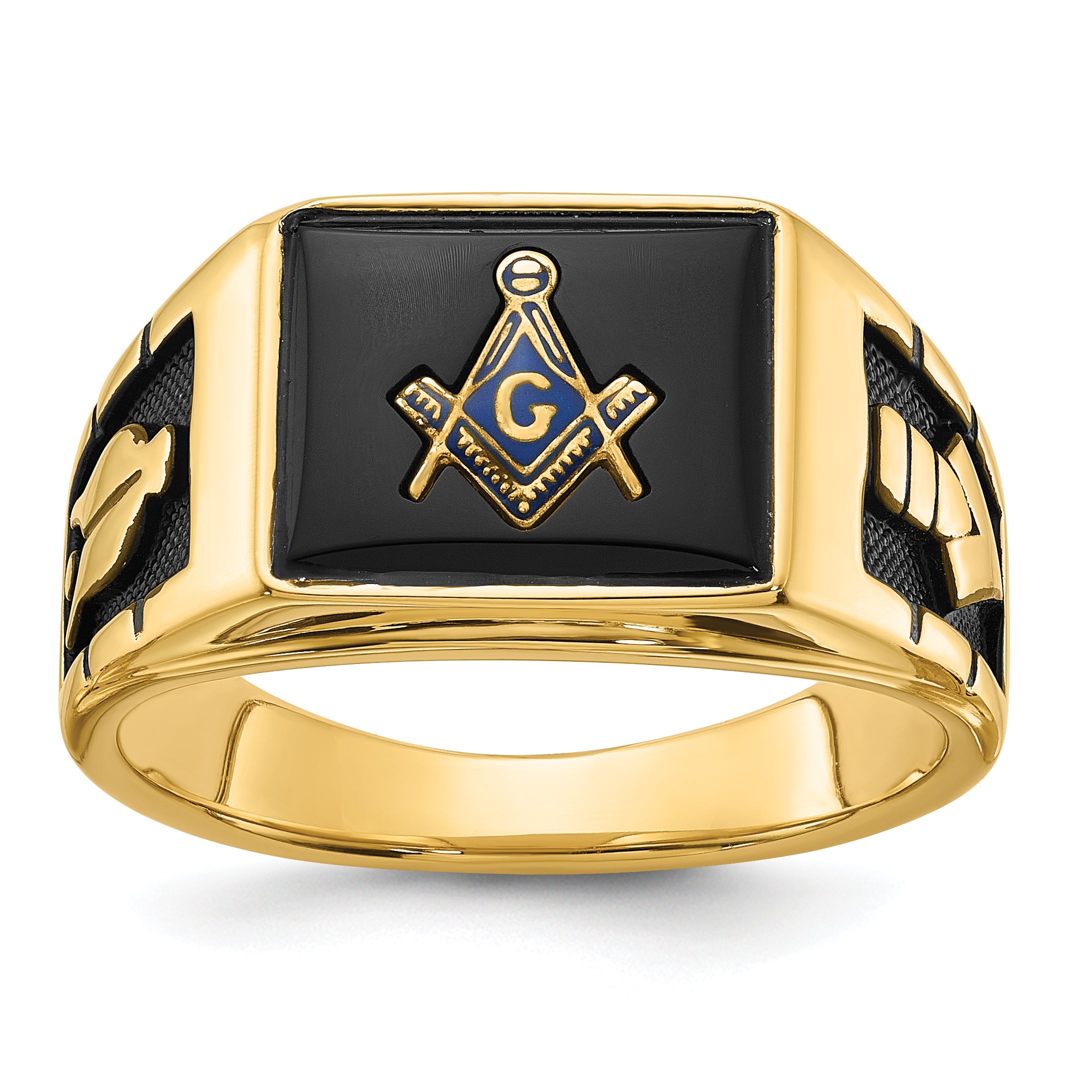 14k Men's Polished and Textured with Black Enamel and Onyx Masonic Ring Main image