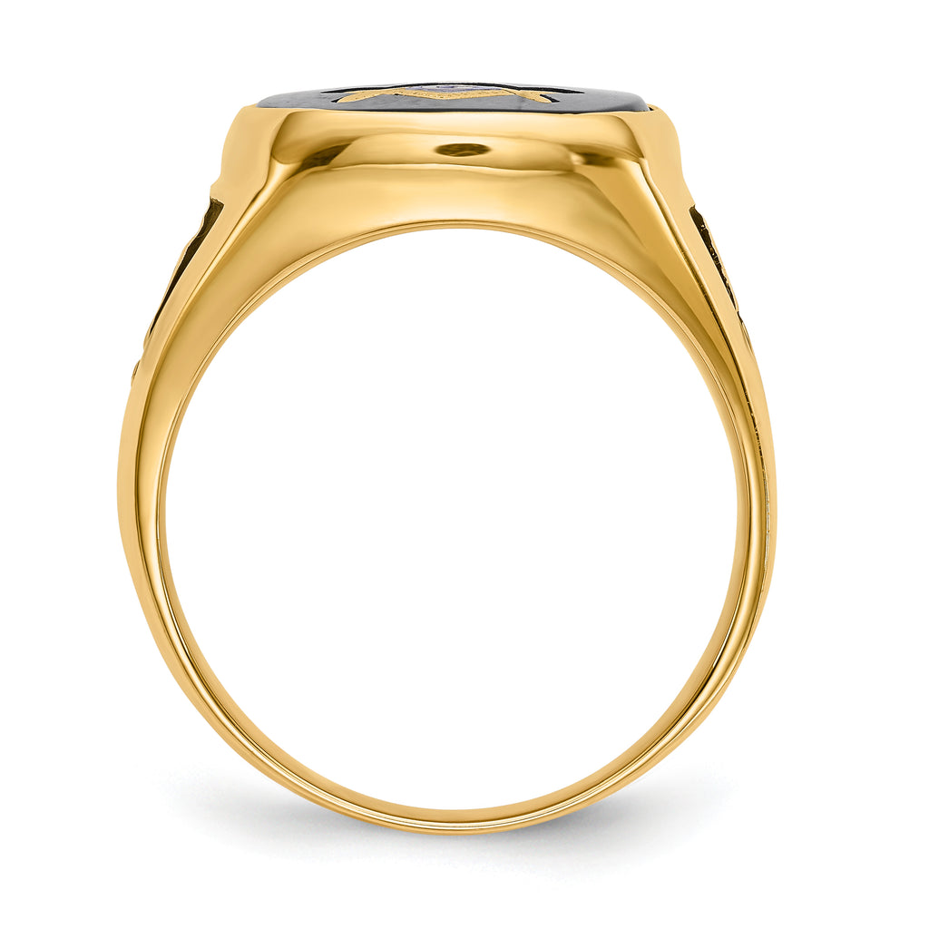 14k Men's Polished and Textured with Black Enamel and Onyx Masonic Ring