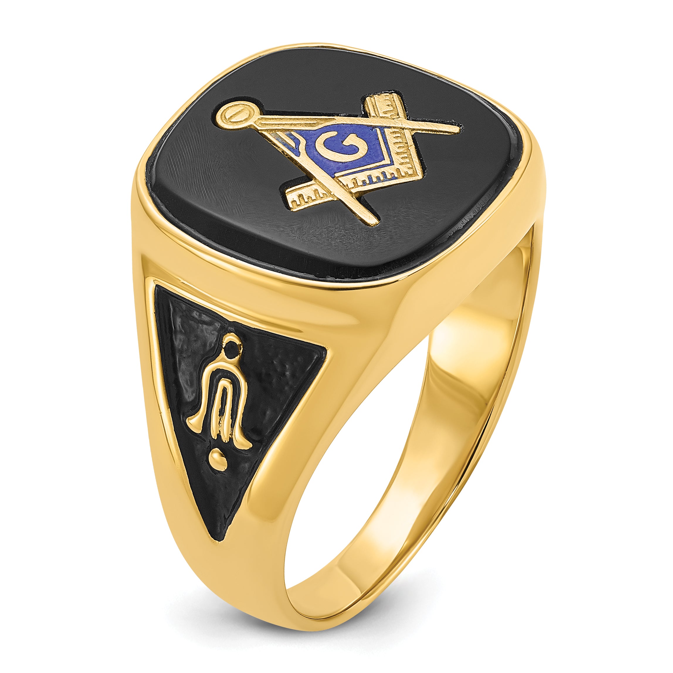 14k Men's Polished and Textured with Black Enamel and Onyx Masonic Ring