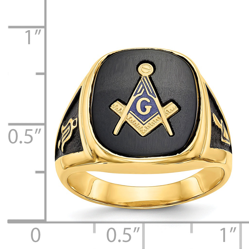 14k Men's Polished and Textured with Black Enamel and Onyx Masonic Ring