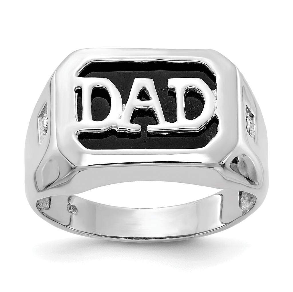 14k White Gold Rectangle Onyx and A Diamond Mens DAD Ring