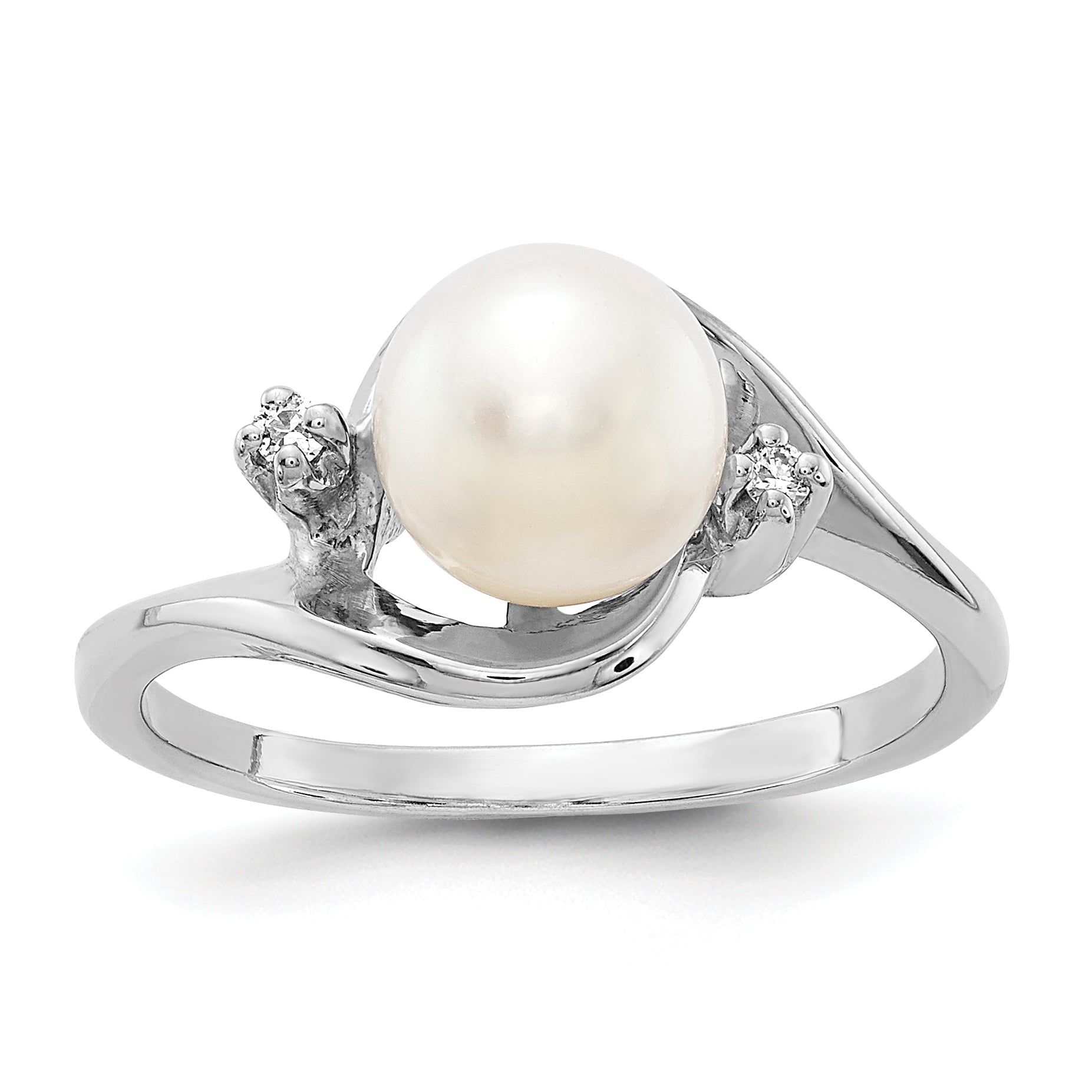 14k White Gold 7mm FW Cultured Pearl AA Diamond ring Main image