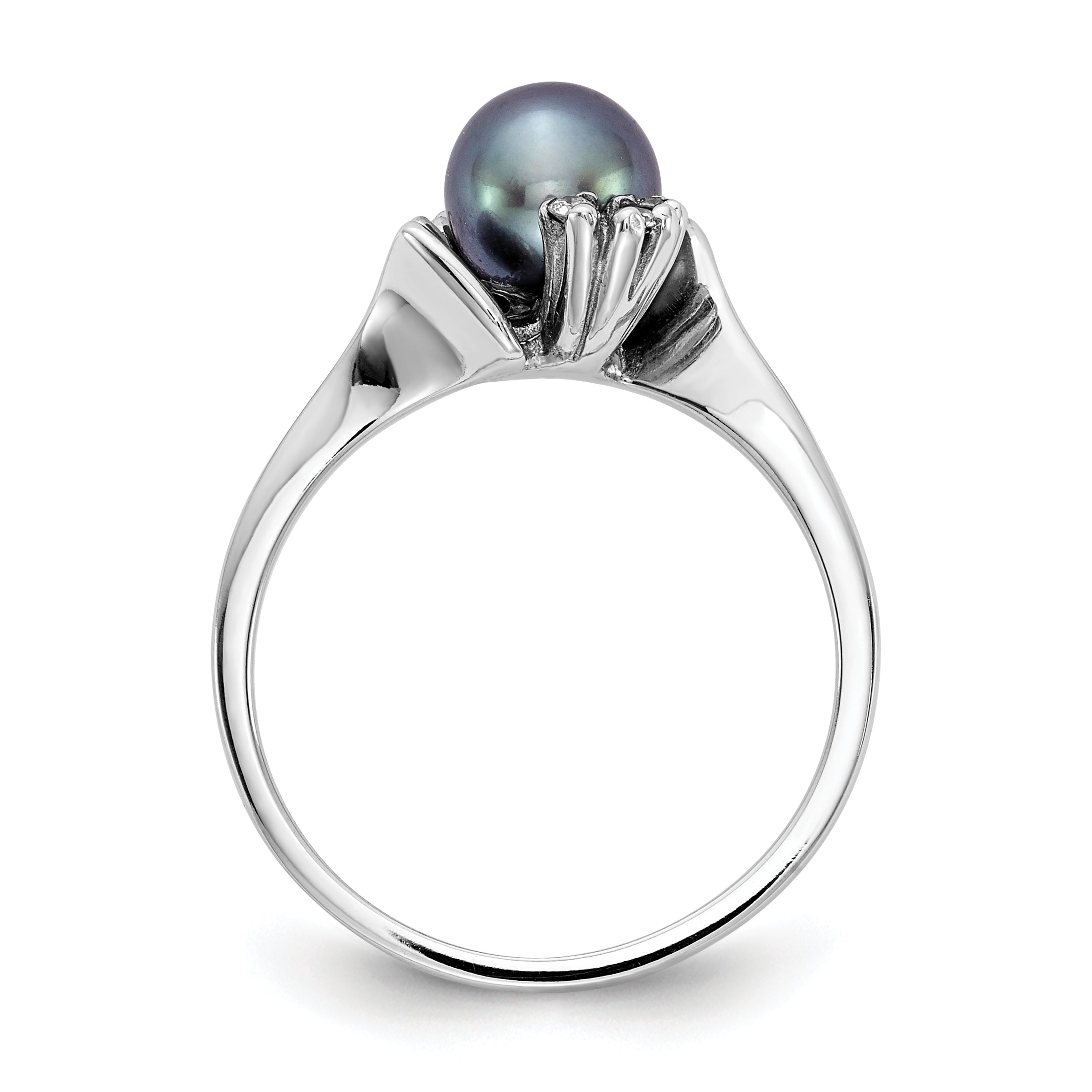 14k White Gold 6mm Black FW Cultured Pearl AA Diamond ring
