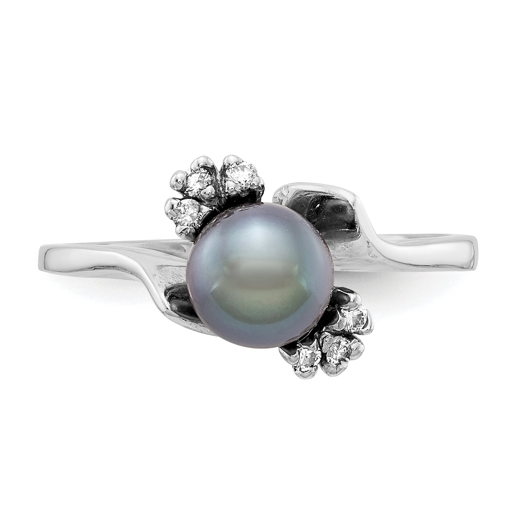 14k White Gold 6mm Black FW Cultured Pearl AA Diamond ring