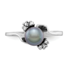 14k White Gold 6mm Black FW Cultured Pearl AA Diamond ring
