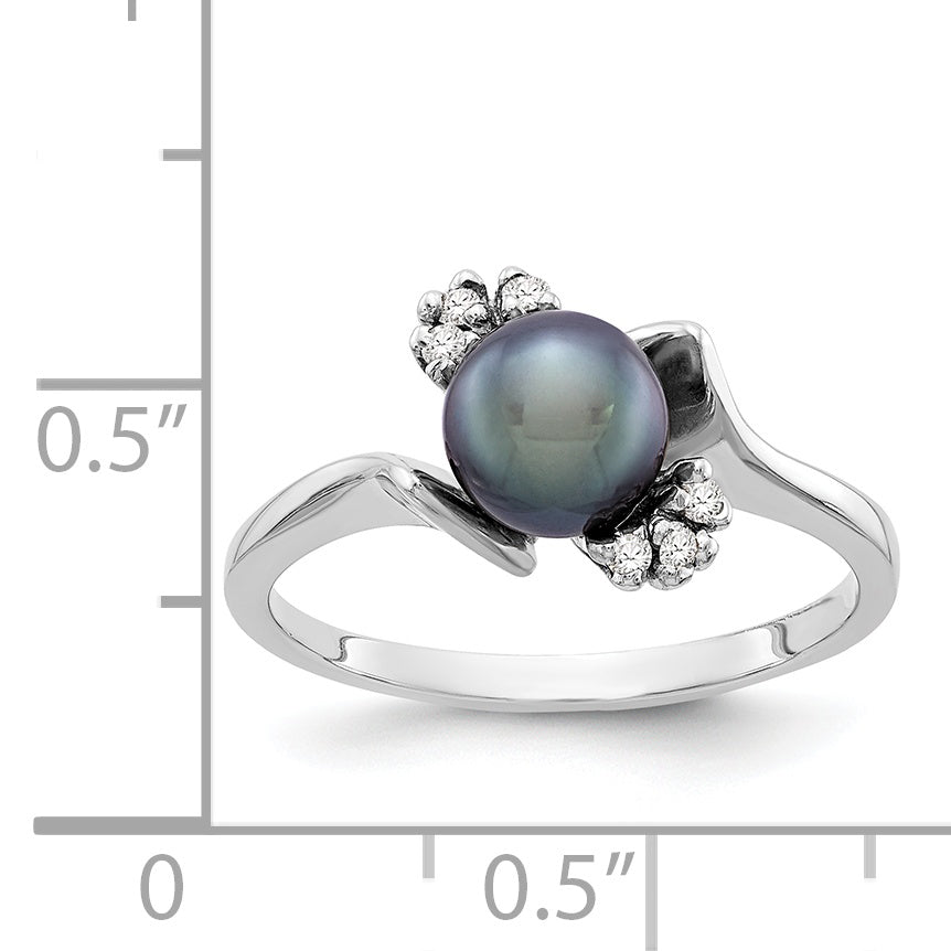 14k White Gold 6mm Black FW Cultured Pearl AA Diamond ring
