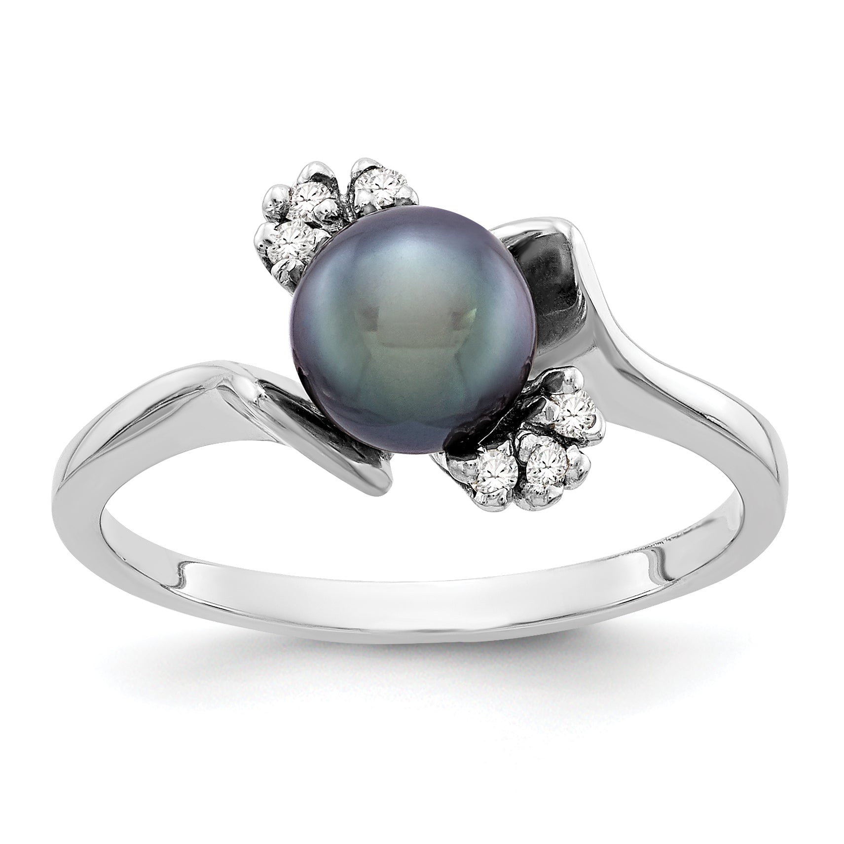 14k White Gold 6mm Black FW Cultured Pearl AA Diamond ring Main image