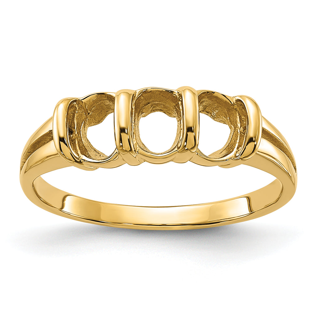 14k Polished 3-stone 6x4 Oval Gemstone Ring Mounting (No Stone Included)