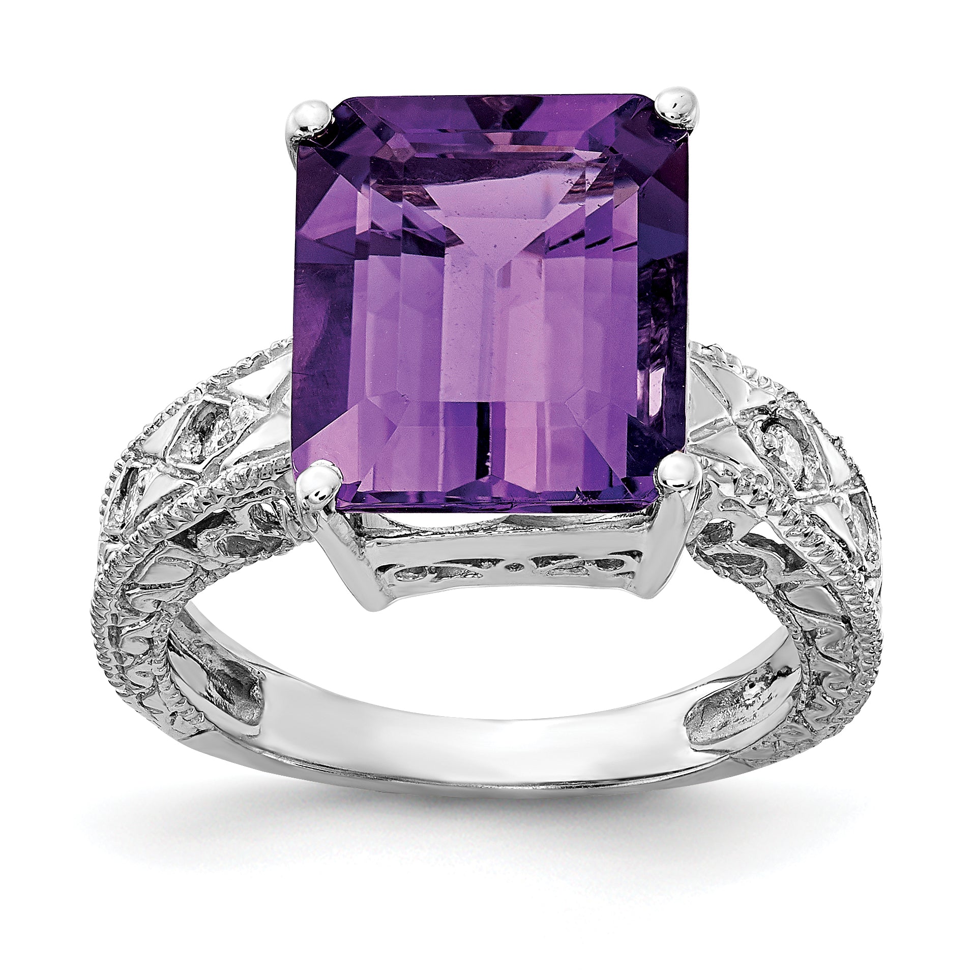 14k White Gold 12x10mm Emerald Cut Amethyst AA Diamond ring Main image