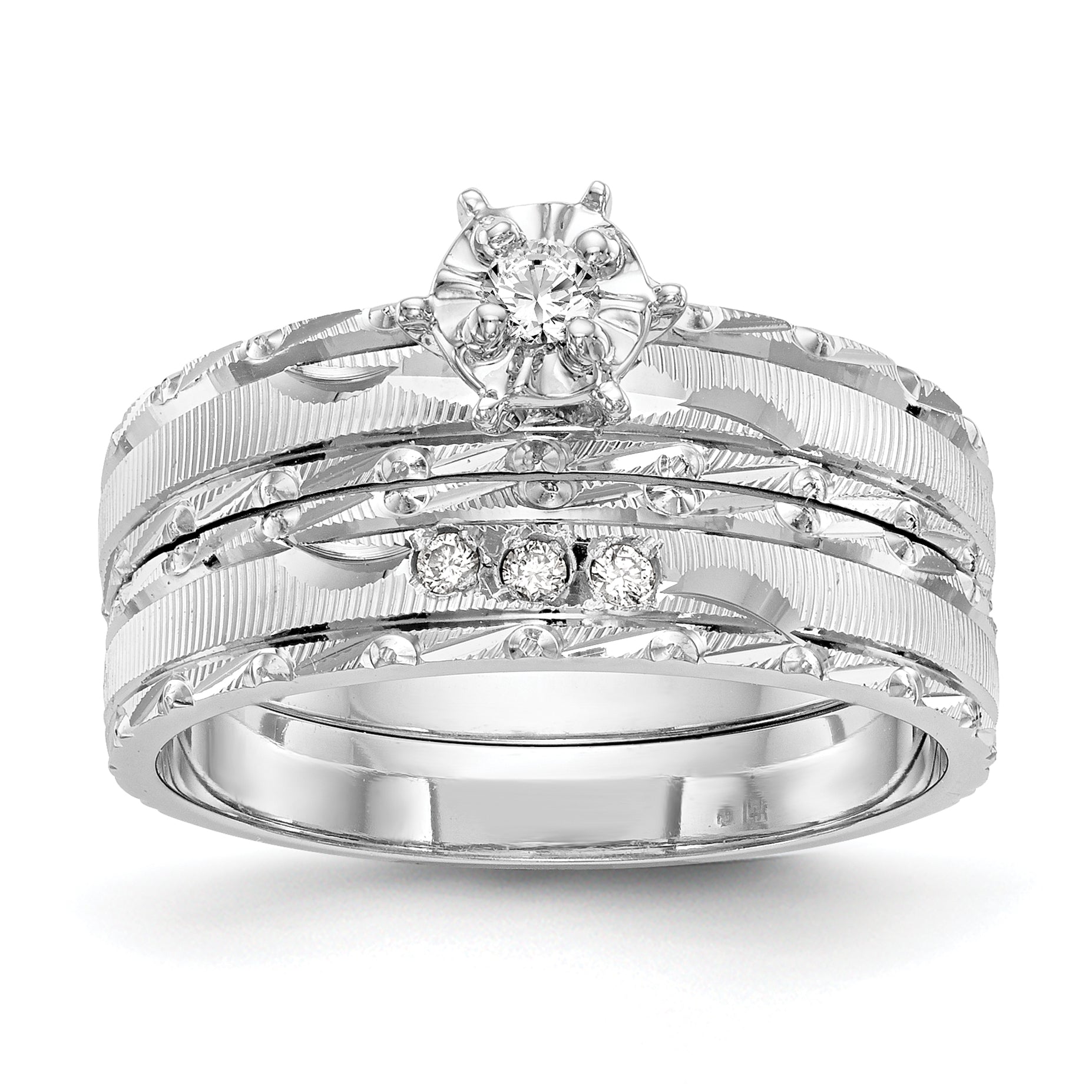 14k White Gold AA Quality 1/20 carat Diamond Trio Complete Engagement Ring