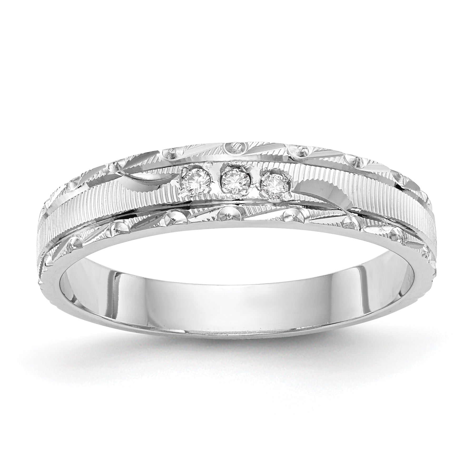 14k White Gold AA Quality .03 carat Diamond Trio Ladies Complete Wedding Band Main image