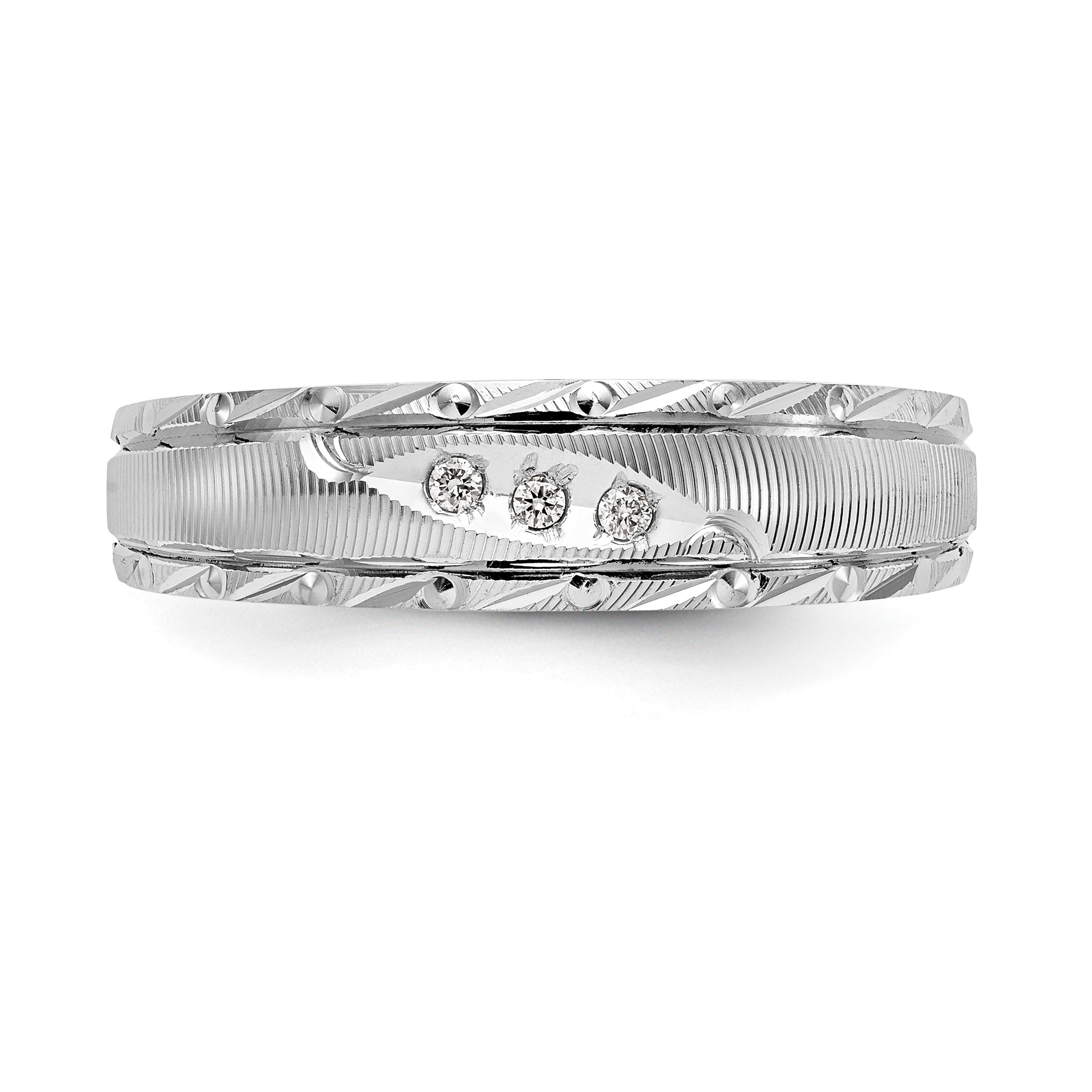 14k White Gold AA Quality .03 carat Diamond Trio Mens Complete Wedding Band