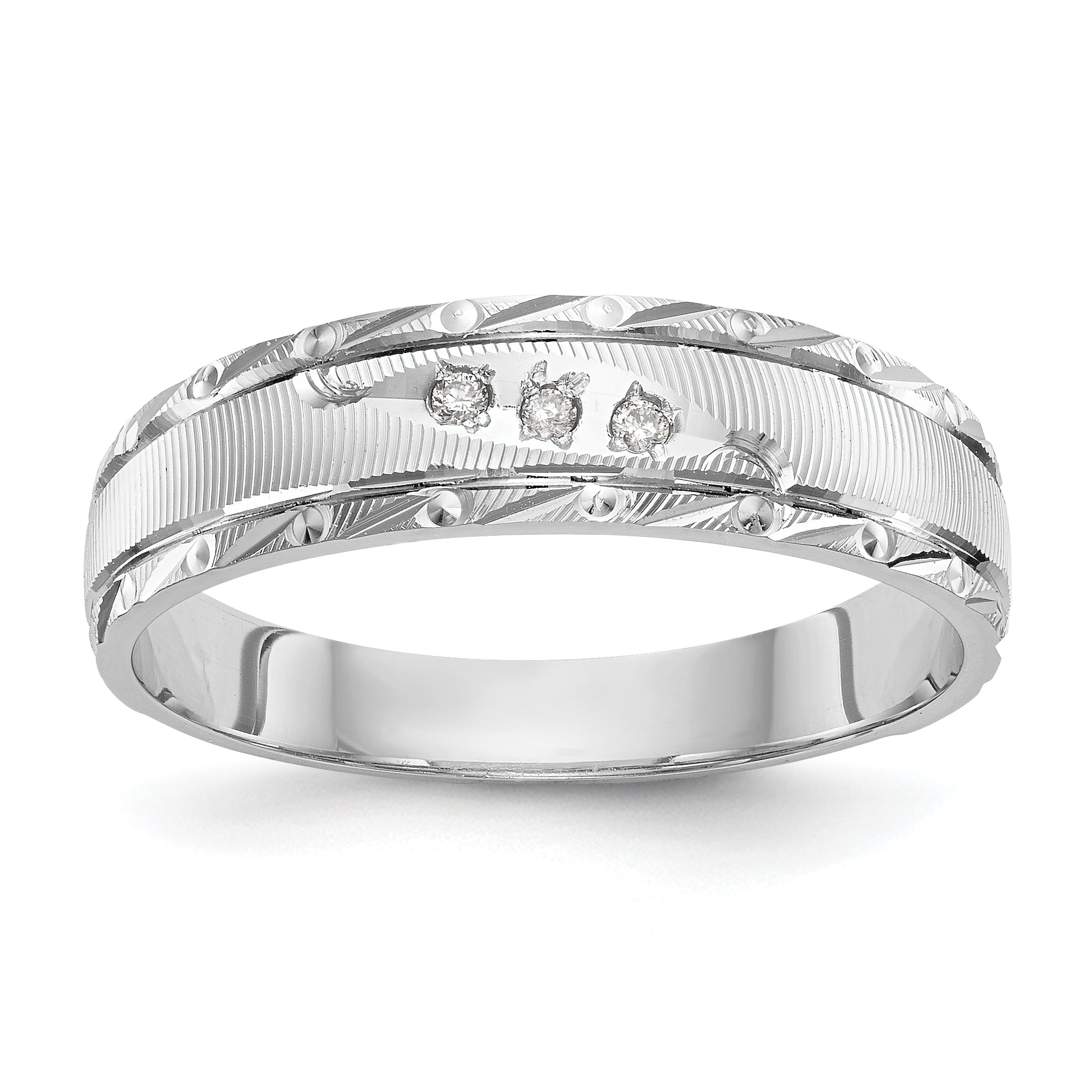 14k White Gold AA Quality .03 carat Diamond Trio Mens Complete Wedding Band Main image