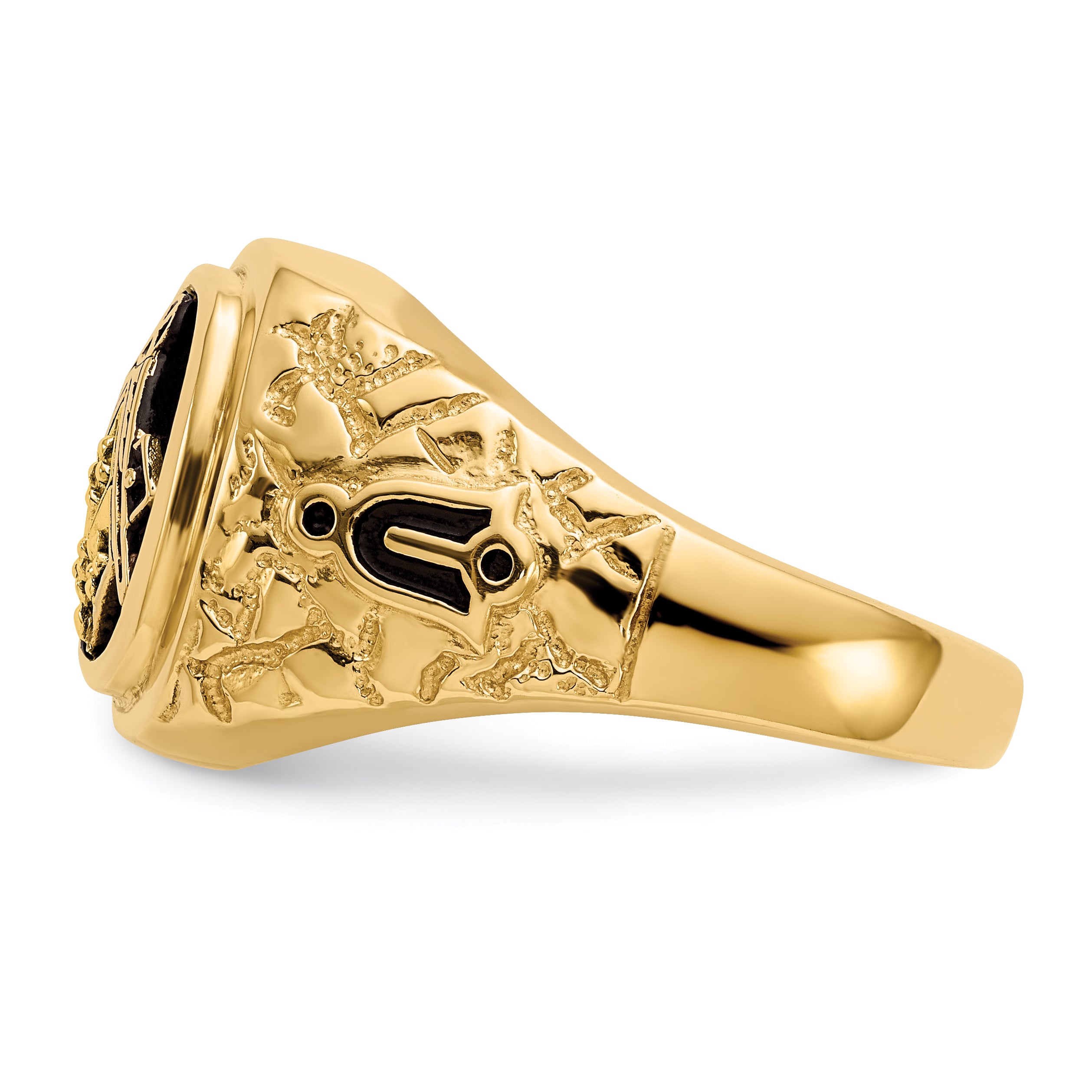 14k Polished, Antiqued and Nugget Texture AA Quality Diamond Masonic Ring