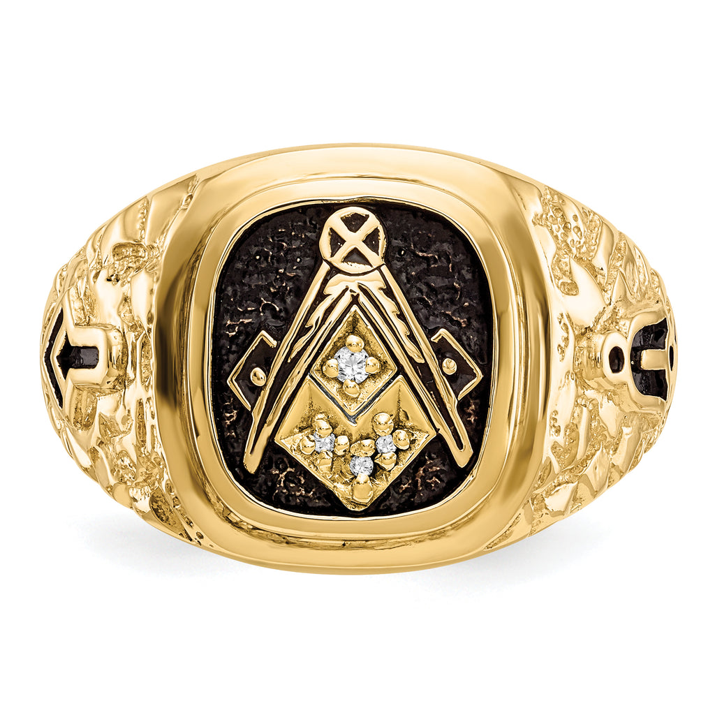 14k Polished, Antiqued and Nugget Texture AA Quality Diamond Masonic Ring