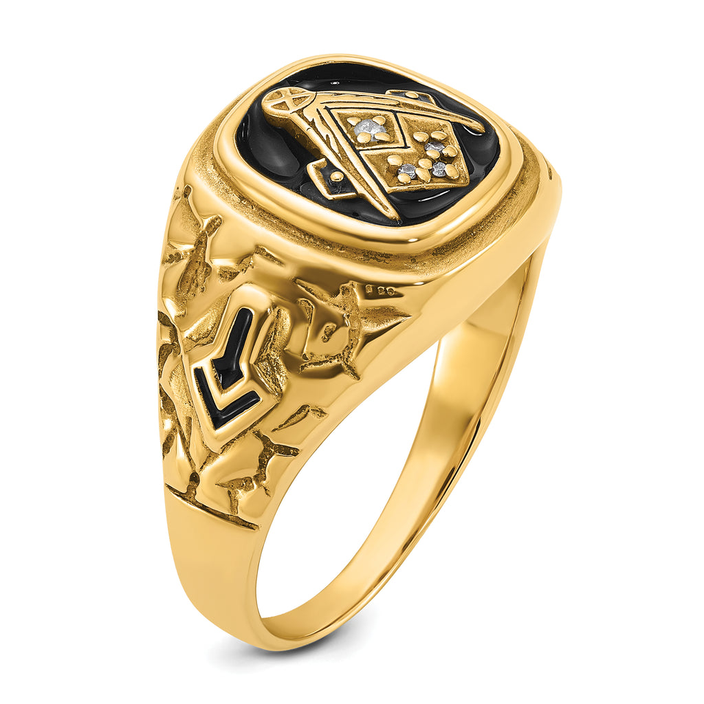 14k Polished, Antiqued and Nugget Texture AA Quality Diamond Masonic Ring