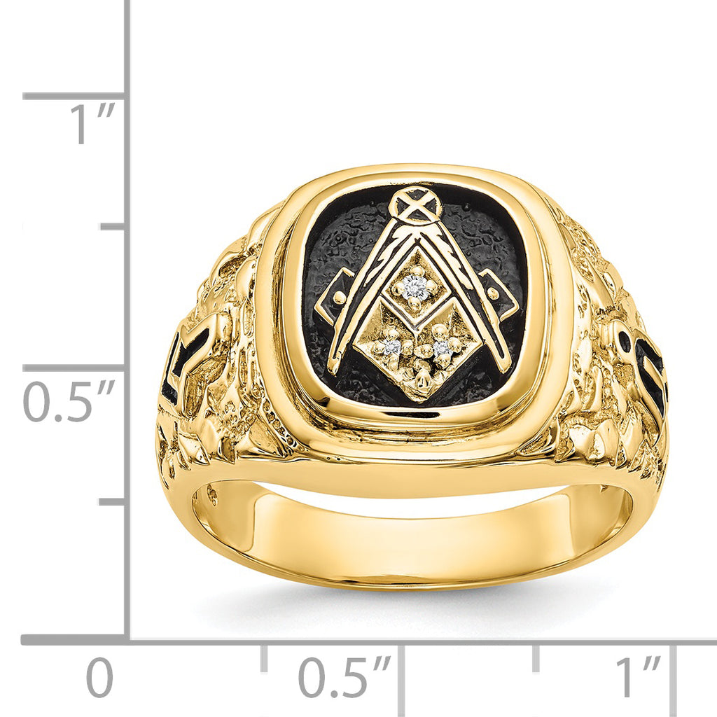 14k Polished, Antiqued and Nugget Texture AA Quality Diamond Masonic Ring