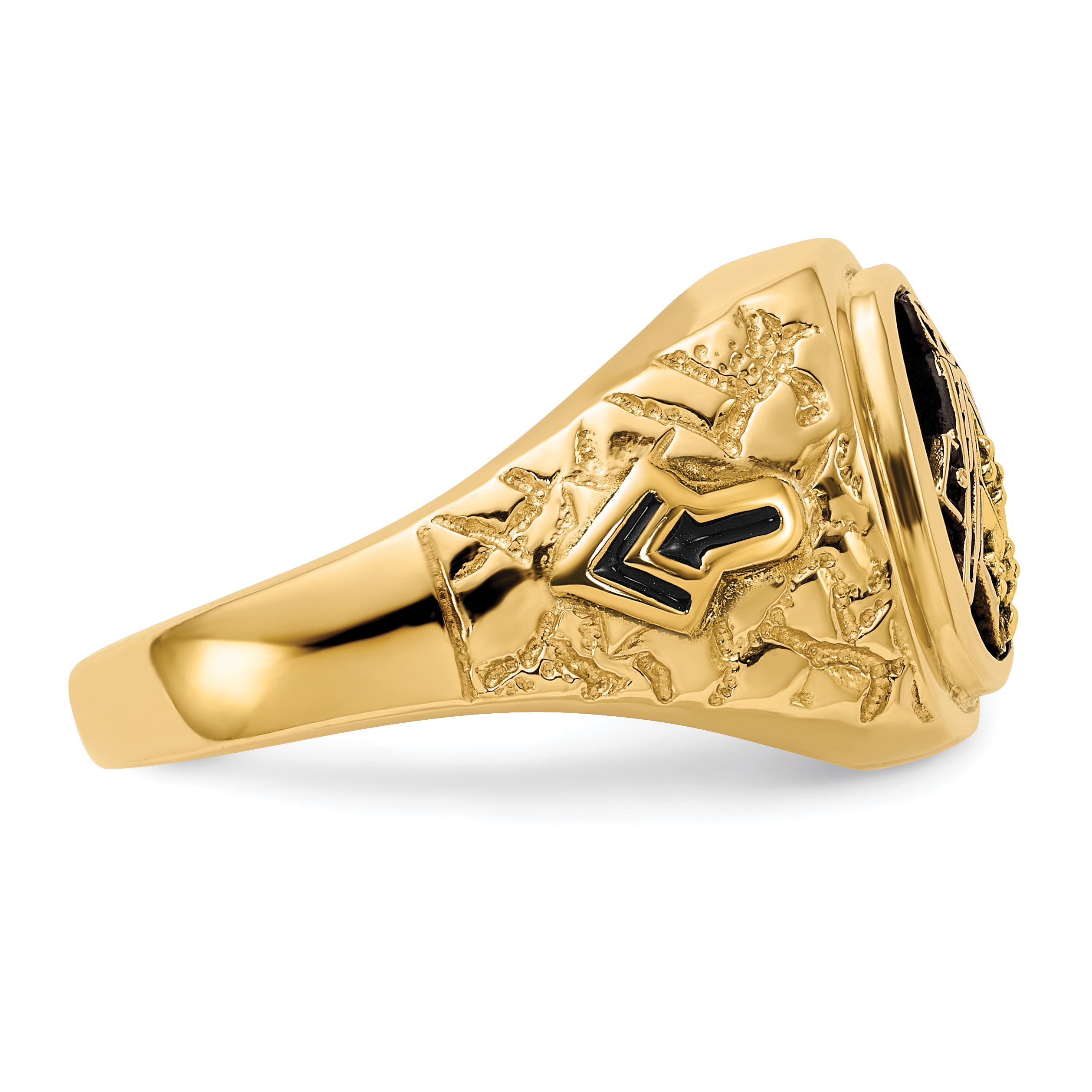 14k Polished, Antiqued and Nugget Texture AAA Quality Diamond Masonic Ring