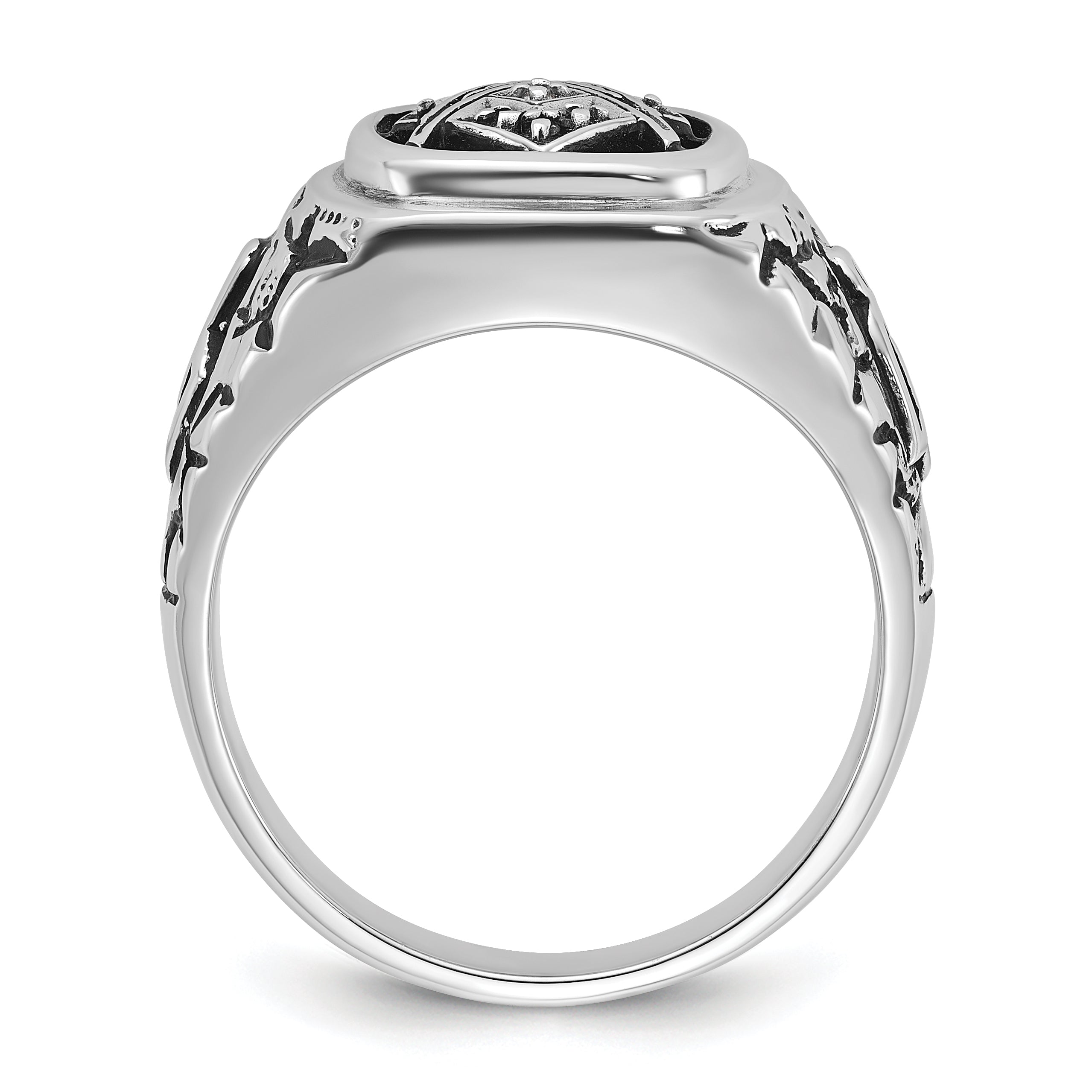 14k White Gold Men's Polished Antiqued and Textured with Black Enamel and AAA Quality Diamonds Masonic Ring