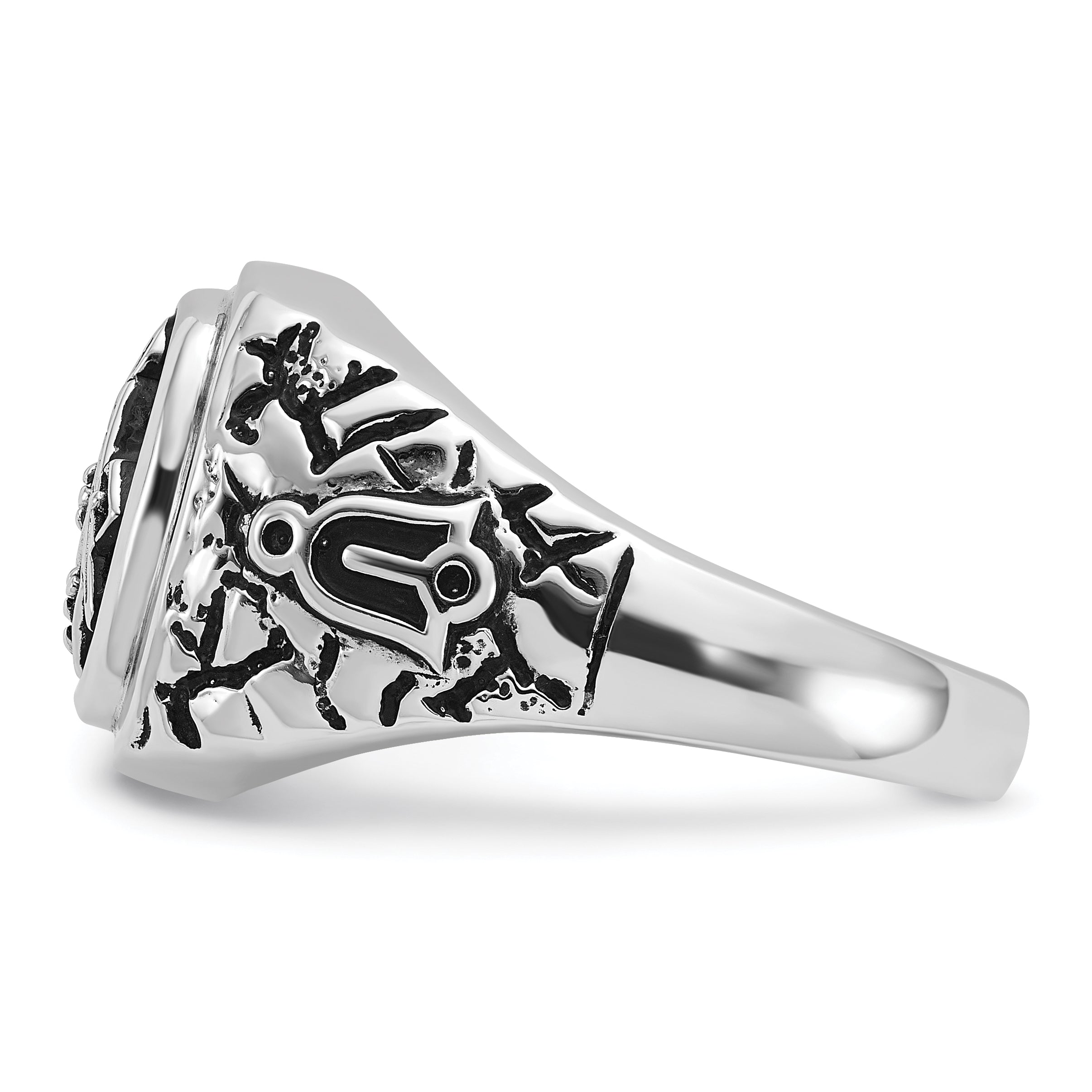 14k White Gold Men's Polished Antiqued and Textured with Black Enamel and A Quality Diamonds Masonic Ring