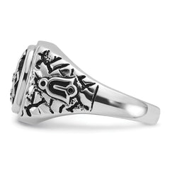 14k White Gold Men's Polished Antiqued and Textured with Black Enamel and VS Quality Diamonds Masonic Ring