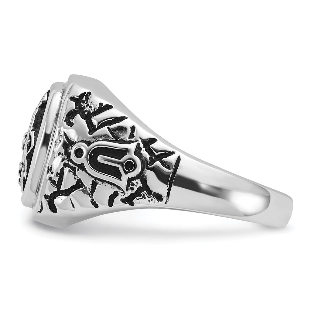14k White Gold Men's Polished Antiqued and Textured with Black Enamel and AAA Quality Diamonds Masonic Ring