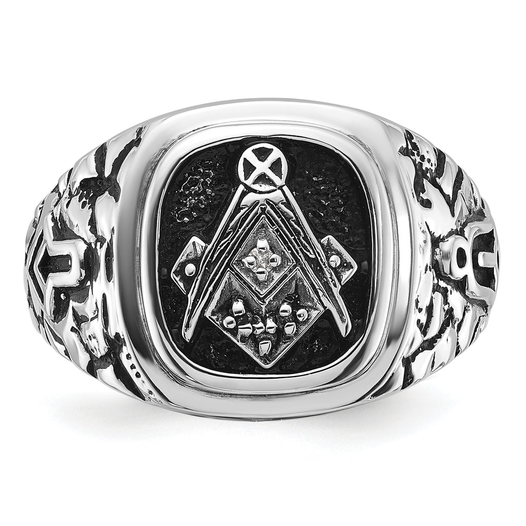 14k White Gold Men's Polished Antiqued and Textured with Black Enamel and VS Quality Diamonds Masonic Ring