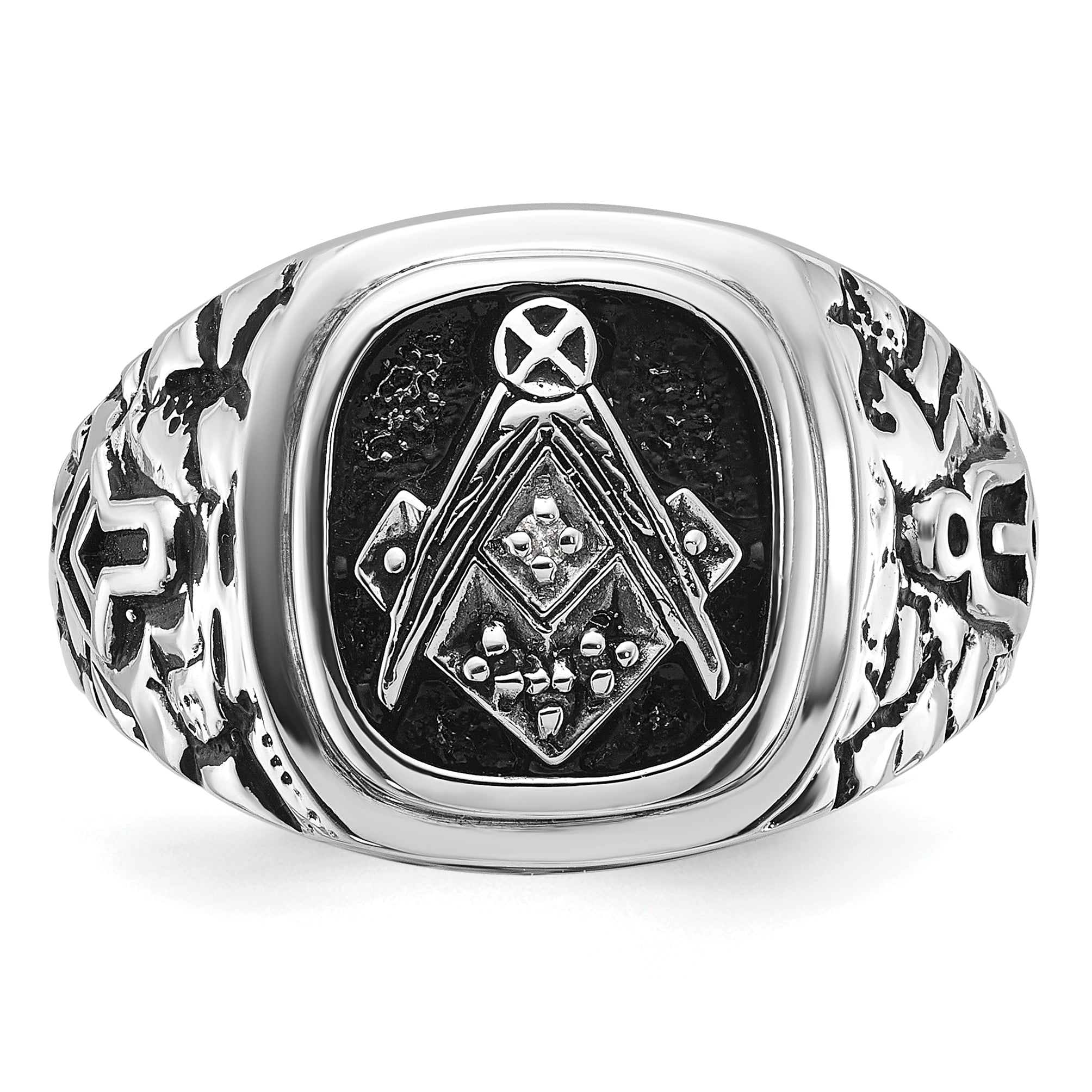 14k White Gold Men's Polished Antiqued and Textured with Black Enamel and AAA Quality Diamonds Masonic Ring