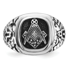 14k White Gold Men's Polished Antiqued and Textured with Black Enamel and AAA Quality Diamonds Masonic Ring