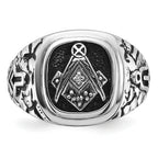 14k White Gold Men's Polished Antiqued and Textured with Black Enamel and AA Quality Diamonds Masonic Ring