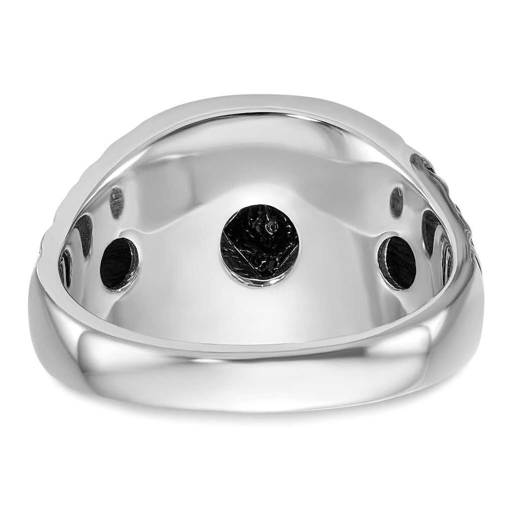 14k White Gold Men's Polished Antiqued and Textured with Black Enamel and A Quality Diamonds Masonic Ring
