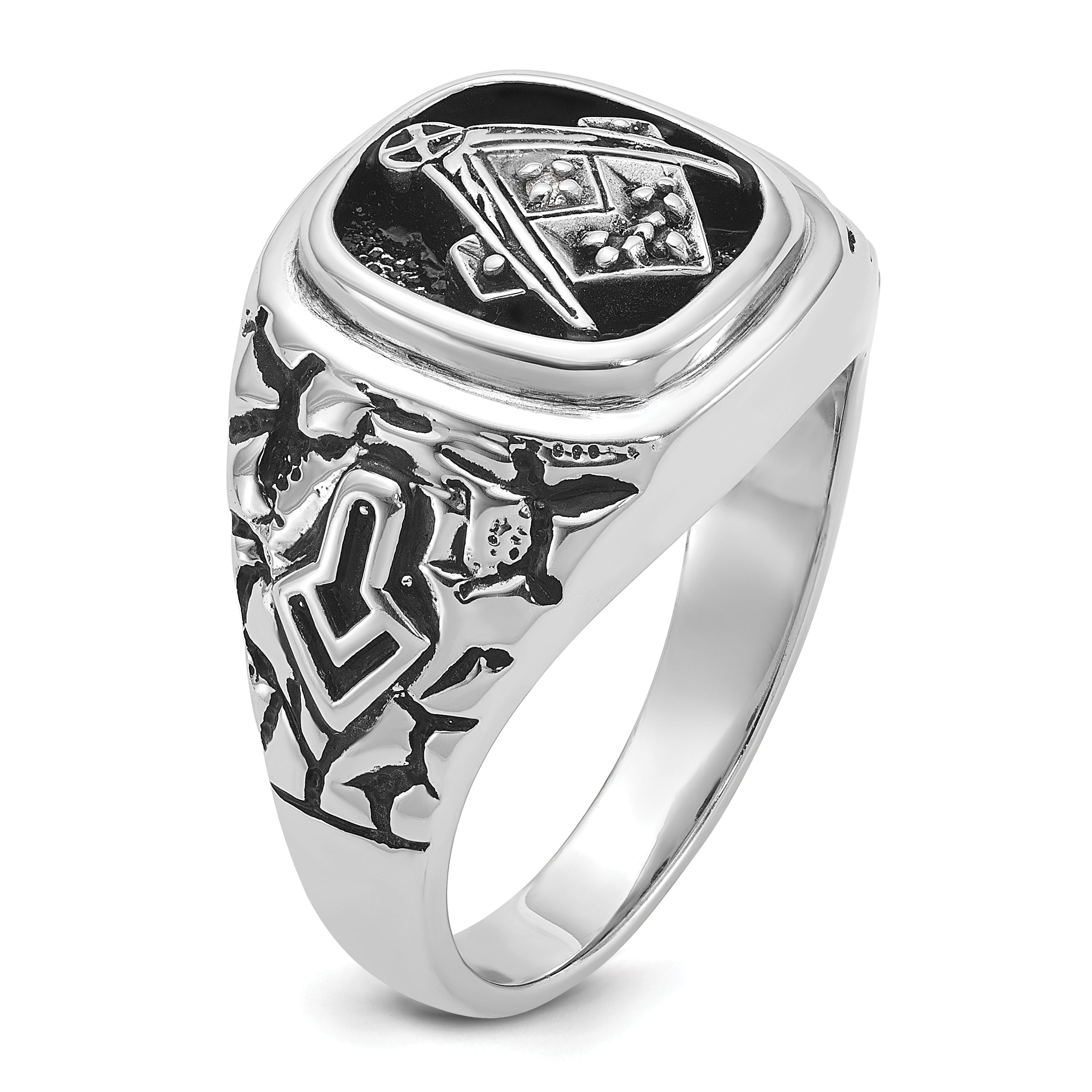 14k White Gold Men's Polished Antiqued and Textured with Black Enamel and VS Quality Diamonds Masonic Ring