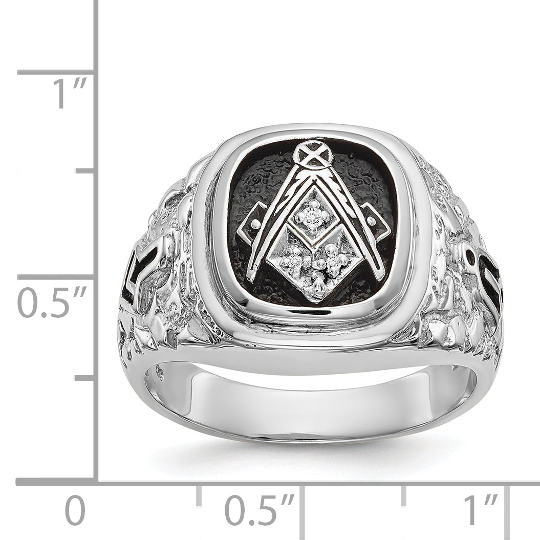 14k White Gold Men's Polished Antiqued and Textured with Black Enamel and VS Quality Diamonds Masonic Ring