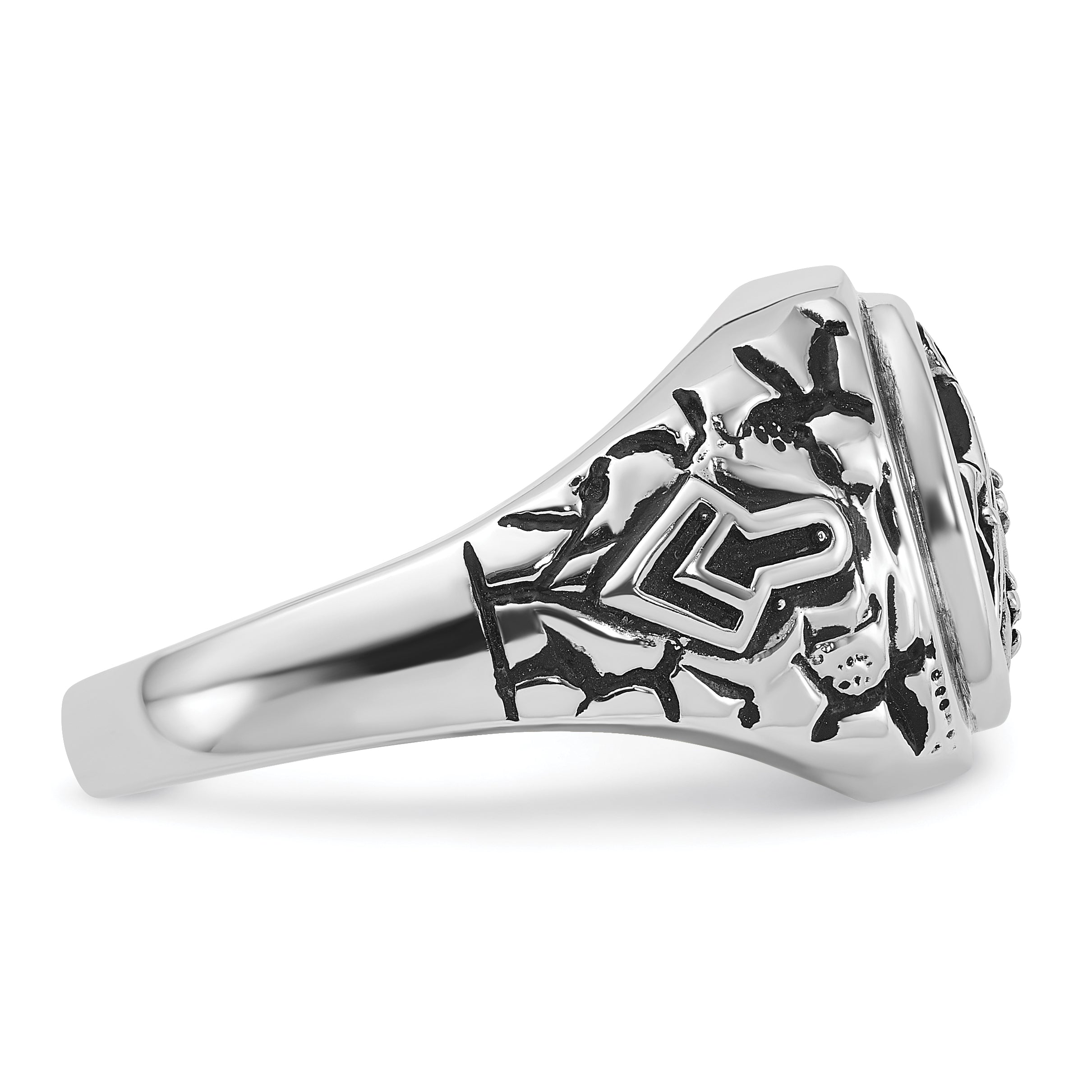 14k White Gold Men's Polished Antiqued and Textured with Black Enamel and VS Quality Diamonds Masonic Ring