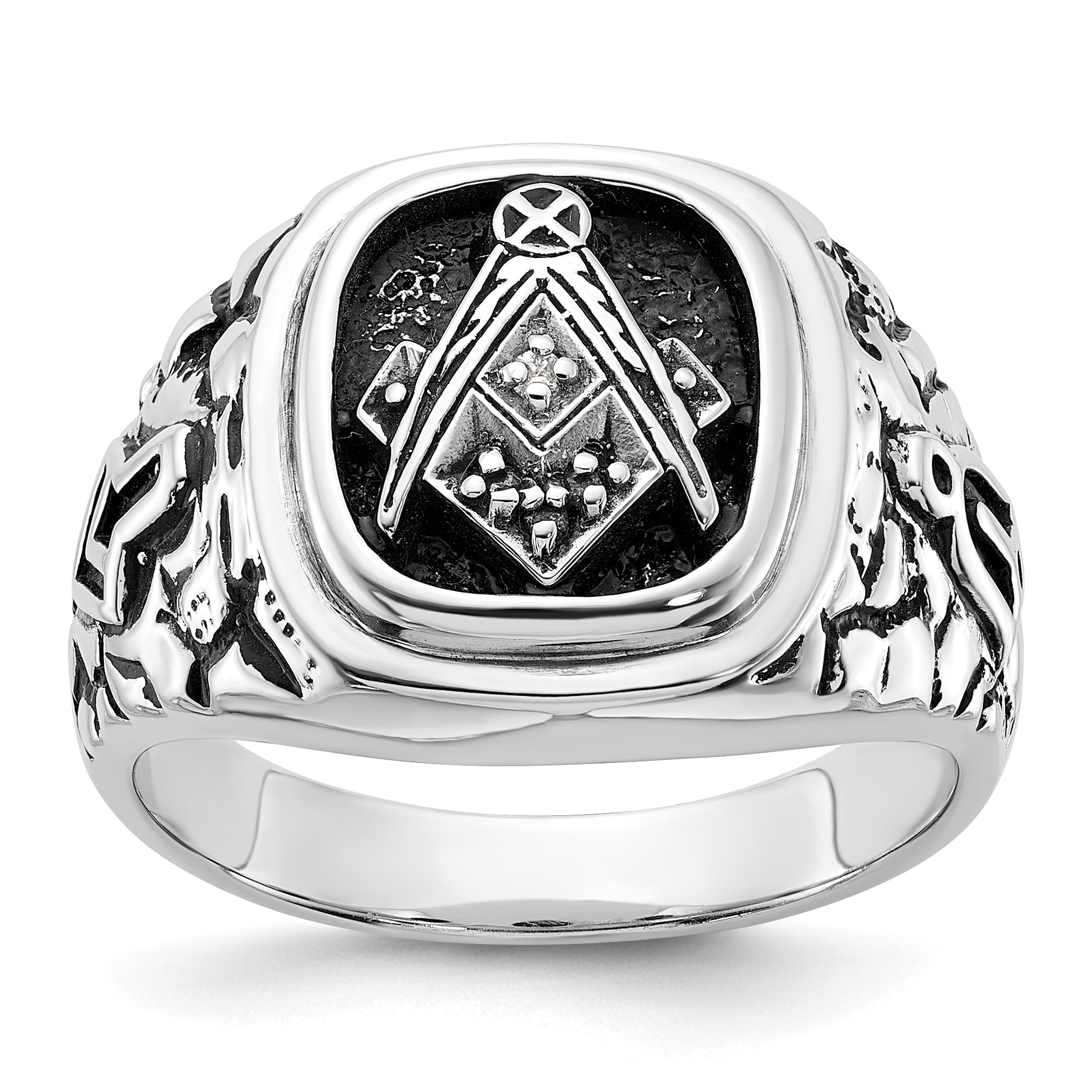 14k White Gold Men's Polished Antiqued and Textured with Black Enamel and AA Quality Diamonds Masonic Ring Main image