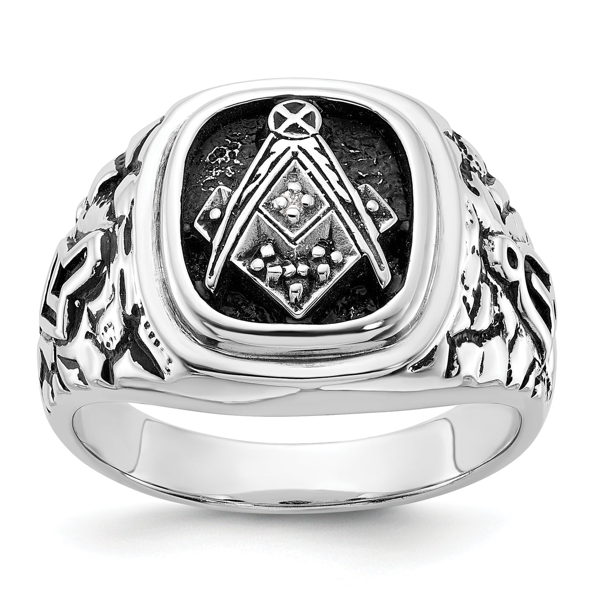 14k White Gold Men's Polished Antiqued and Textured with Black Enamel and VS Quality Diamonds Masonic Ring