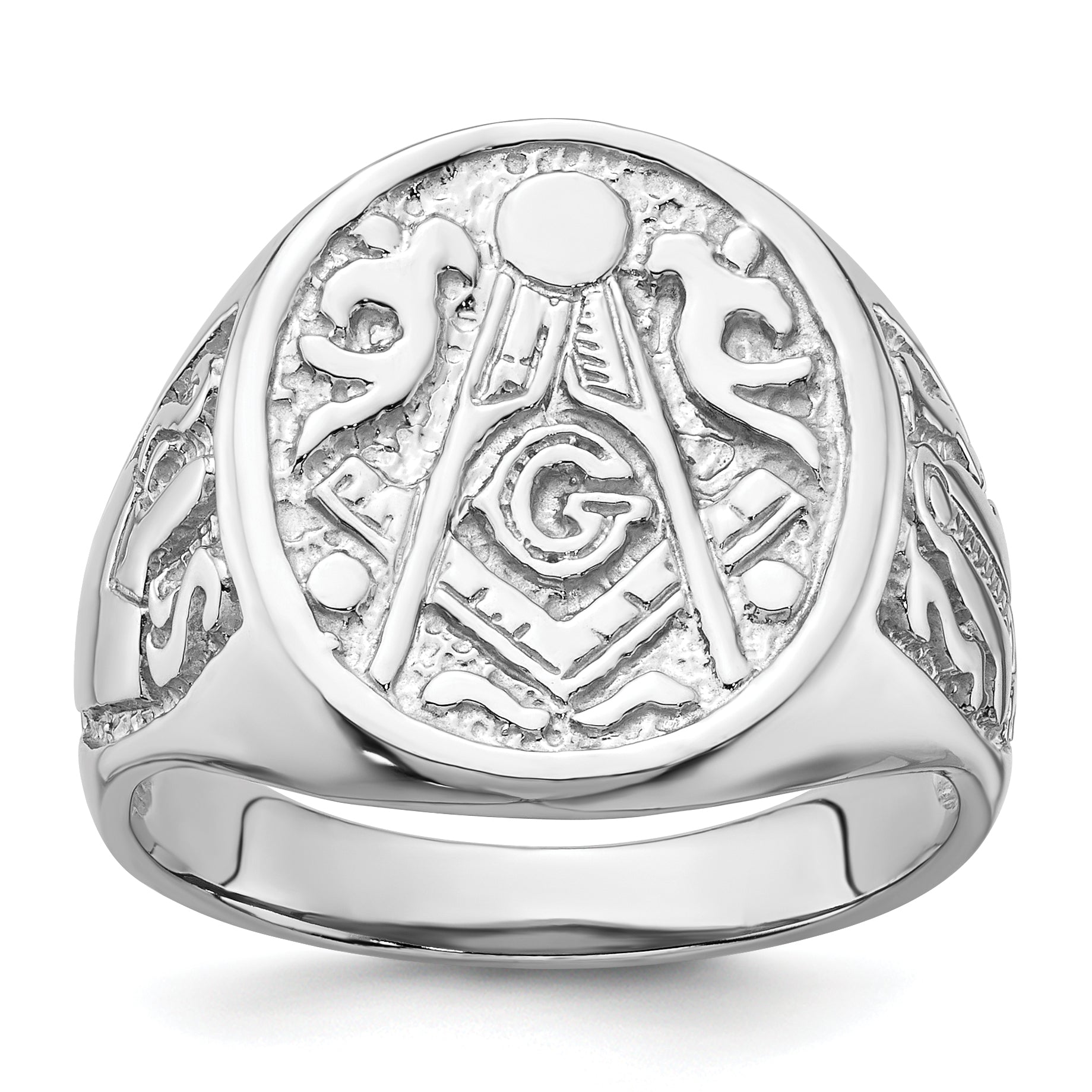 14k White Gold Men's Polished and Grooved (No Enamel) Masonic Ring Main image