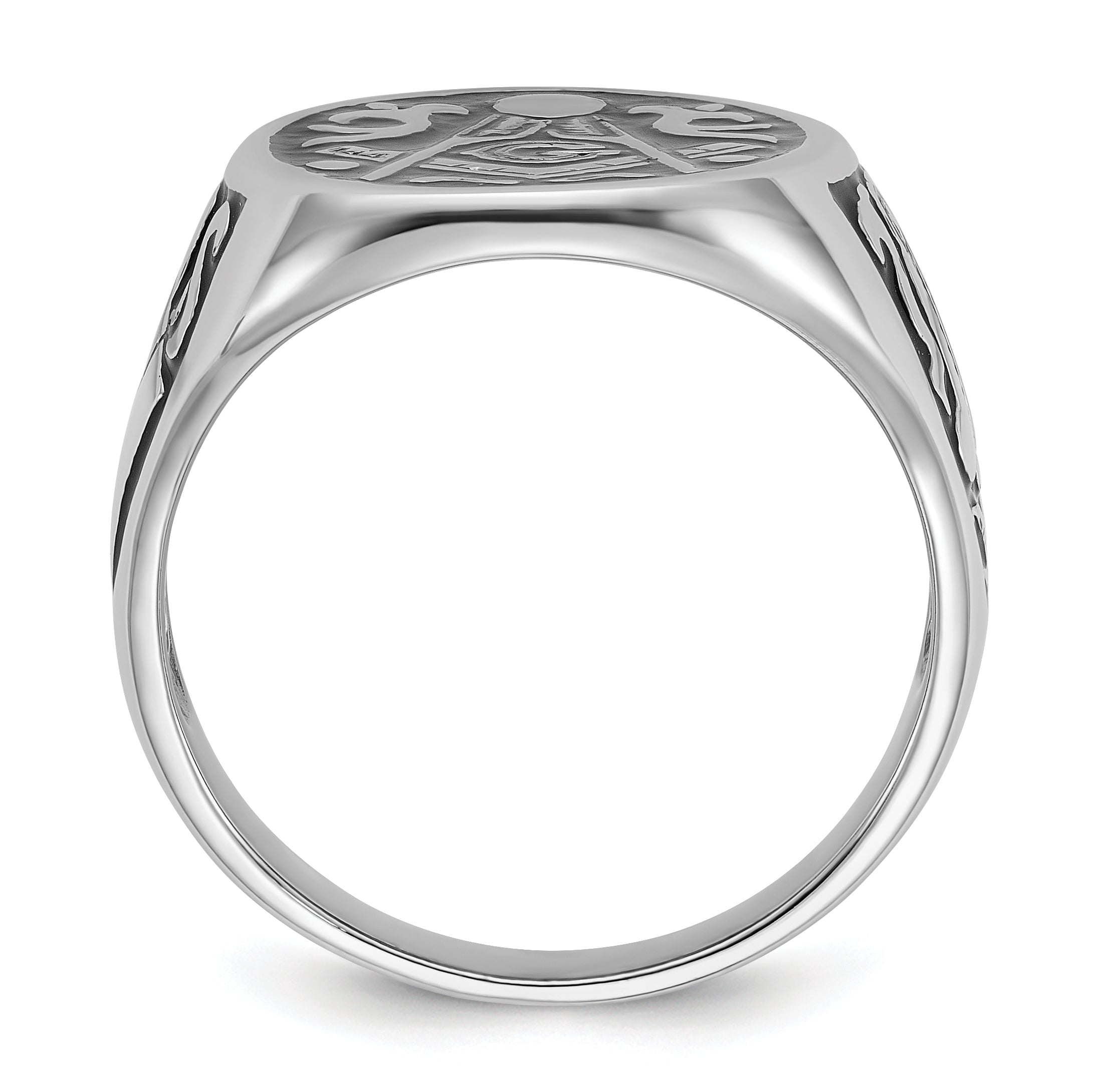 14k White Gold Men's Polished and Grooved with Black Enamel Masonic Ring Secondary image