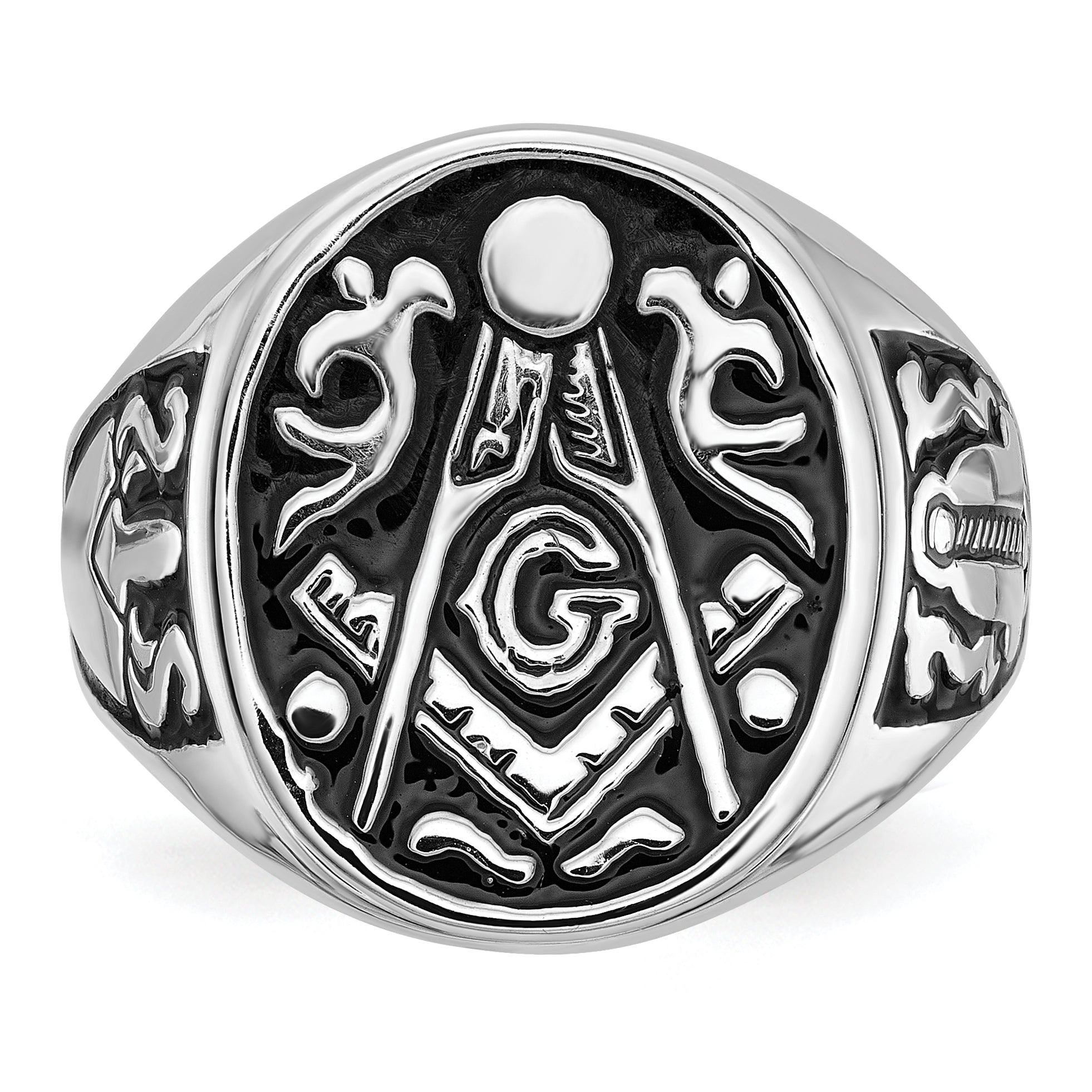 14k White Gold Men's Polished and Grooved with Black Enamel Masonic Ring