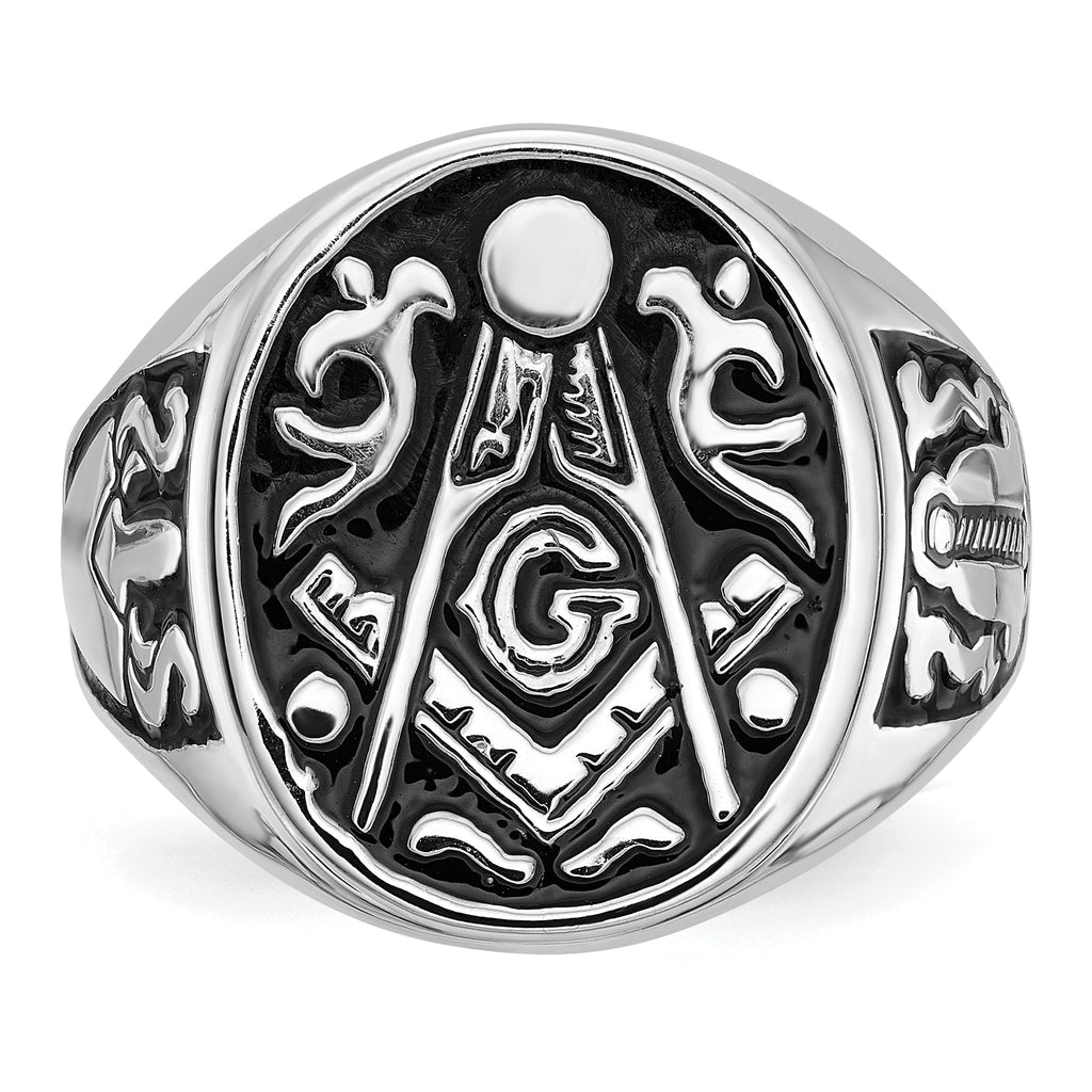 14k White Gold Men's Polished and Grooved with Black Enamel Masonic Ring