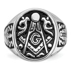 14k White Gold Men's Polished and Grooved with Black Enamel Masonic Ring
