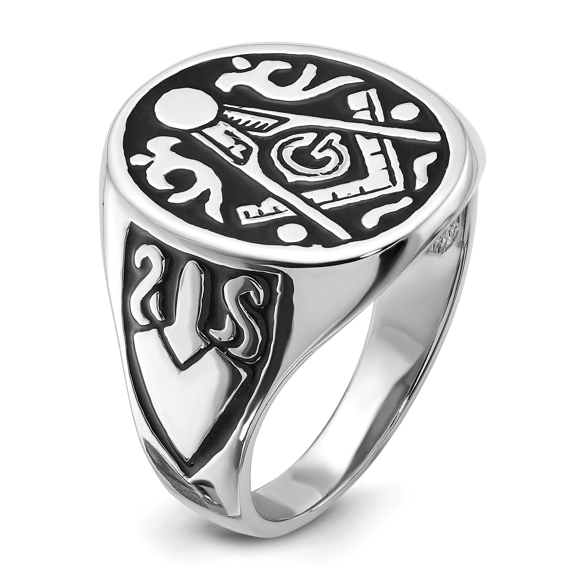 14k White Gold Men's Polished and Grooved with Black Enamel Masonic Ring