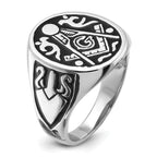 14k White Gold Men's Polished and Grooved with Black Enamel Masonic Ring